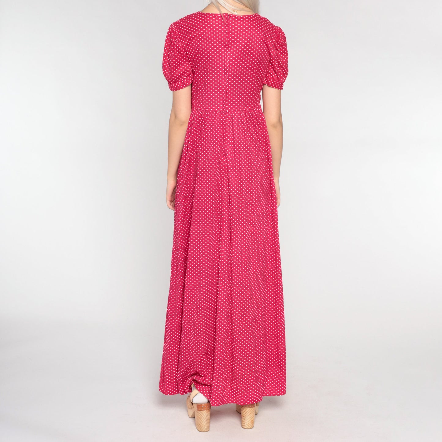 70s Red Polka Dot Maxi Dress Puff Sleeve Empire Waist Small