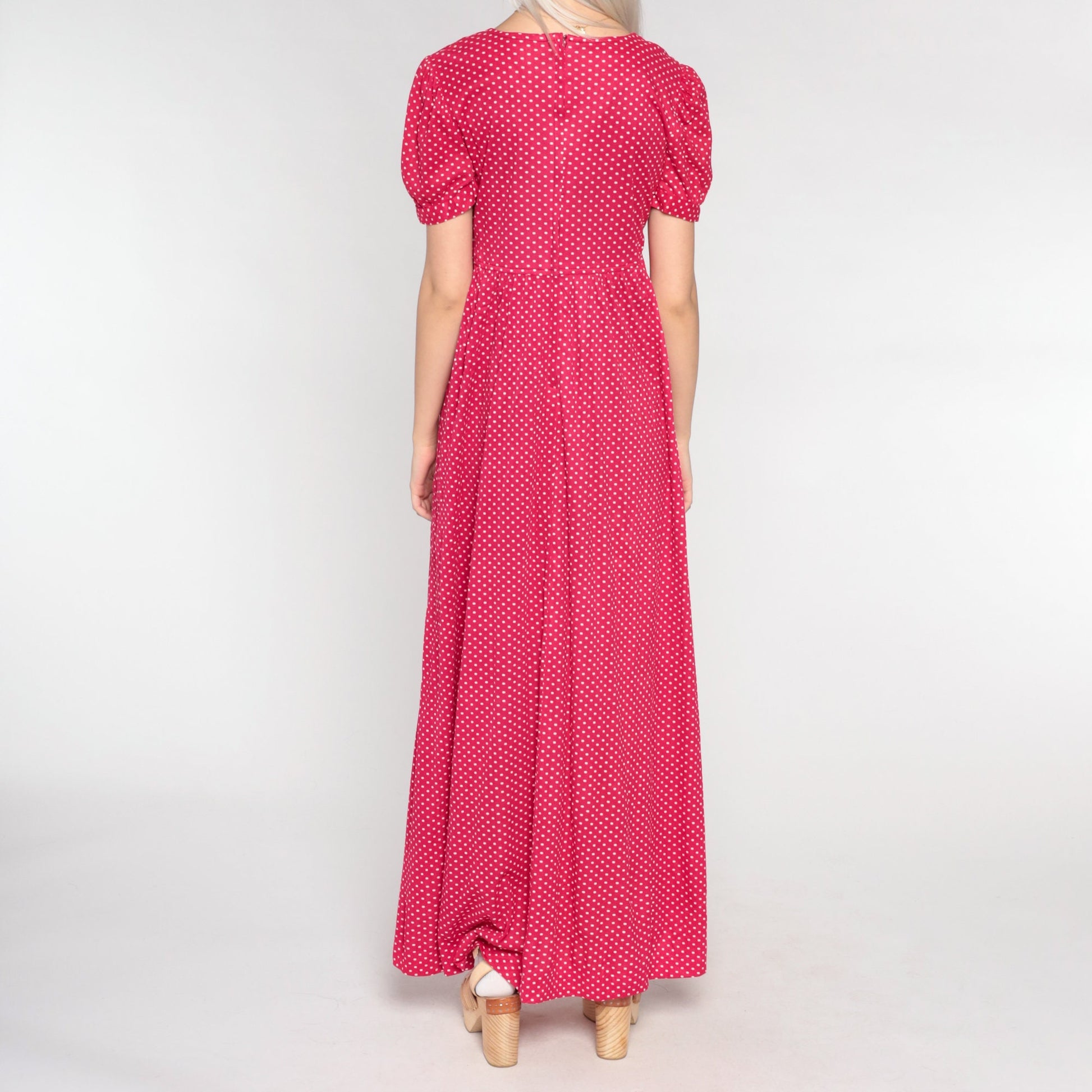 70s Red Polka Dot Maxi Dress Puff Sleeve Empire Waist Small
