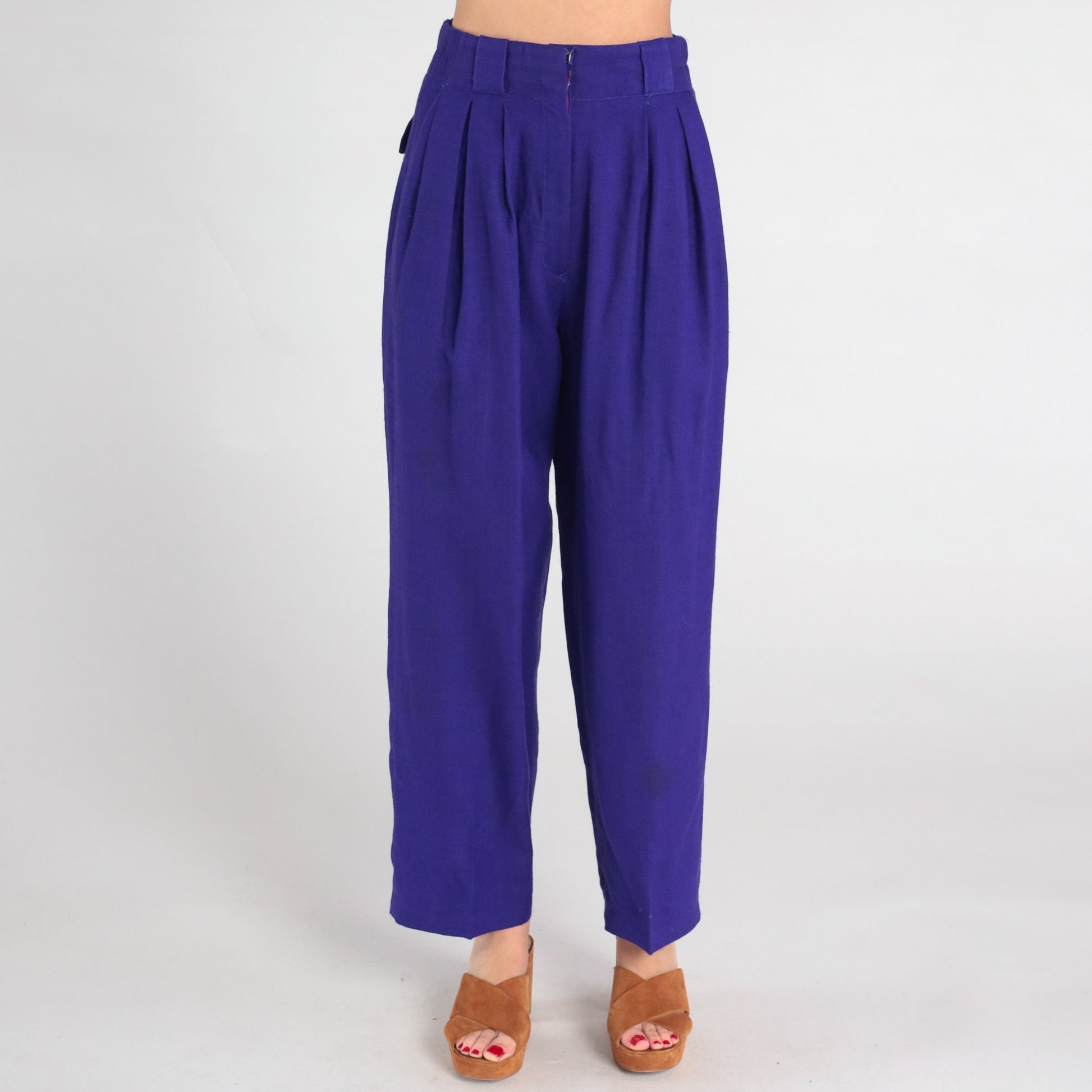 80s Purple Wool High-Waisted Pleated Trousers Straight Leg Small