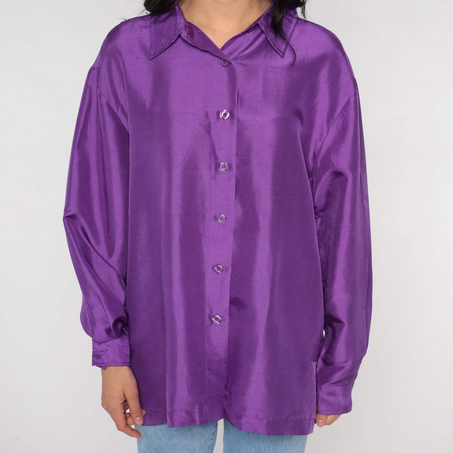 90s Purple Silk Button-Up Blouse Long Sleeve Collared Shirt Large L