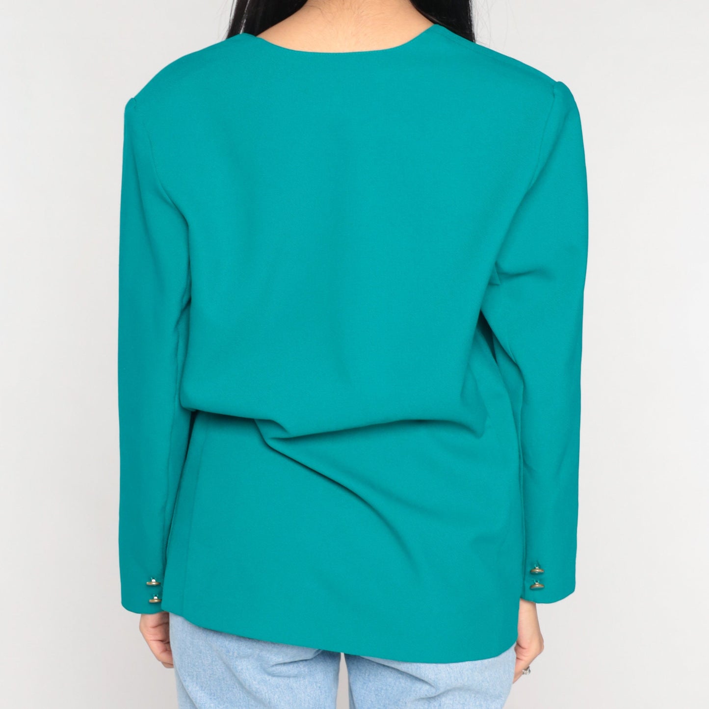 80s Teal Blazer Floral Embroidered Button-Up Jacket V-Neck Medium