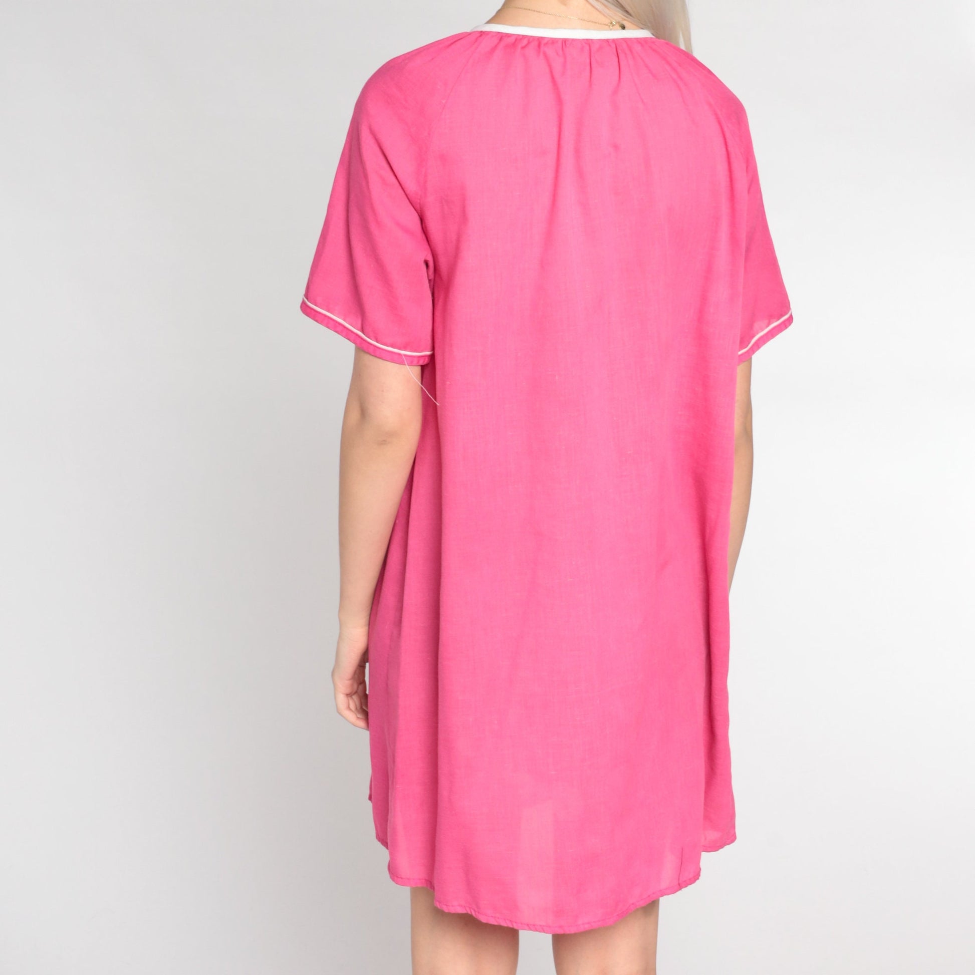 80s Pink Floral Bird Embroidered Nightgown Short Sleeve Snap Front Large