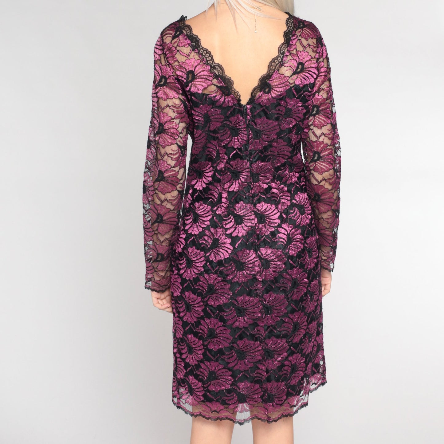 90s Black Metallic Fuchsia Floral Lace Mini Dress V Neck Low Back Medium