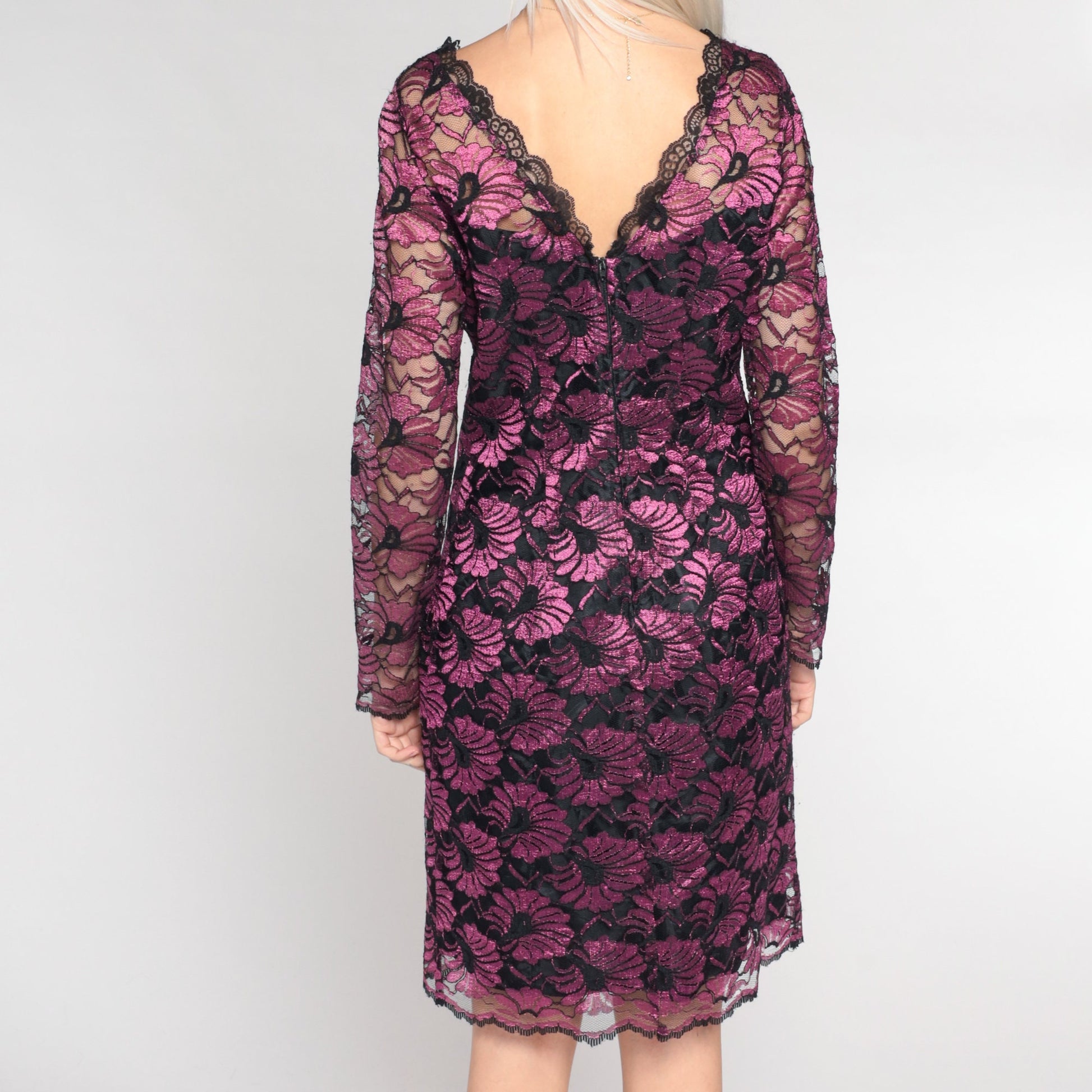 90s Black Metallic Fuchsia Floral Lace Mini Dress V Neck Low Back Medium