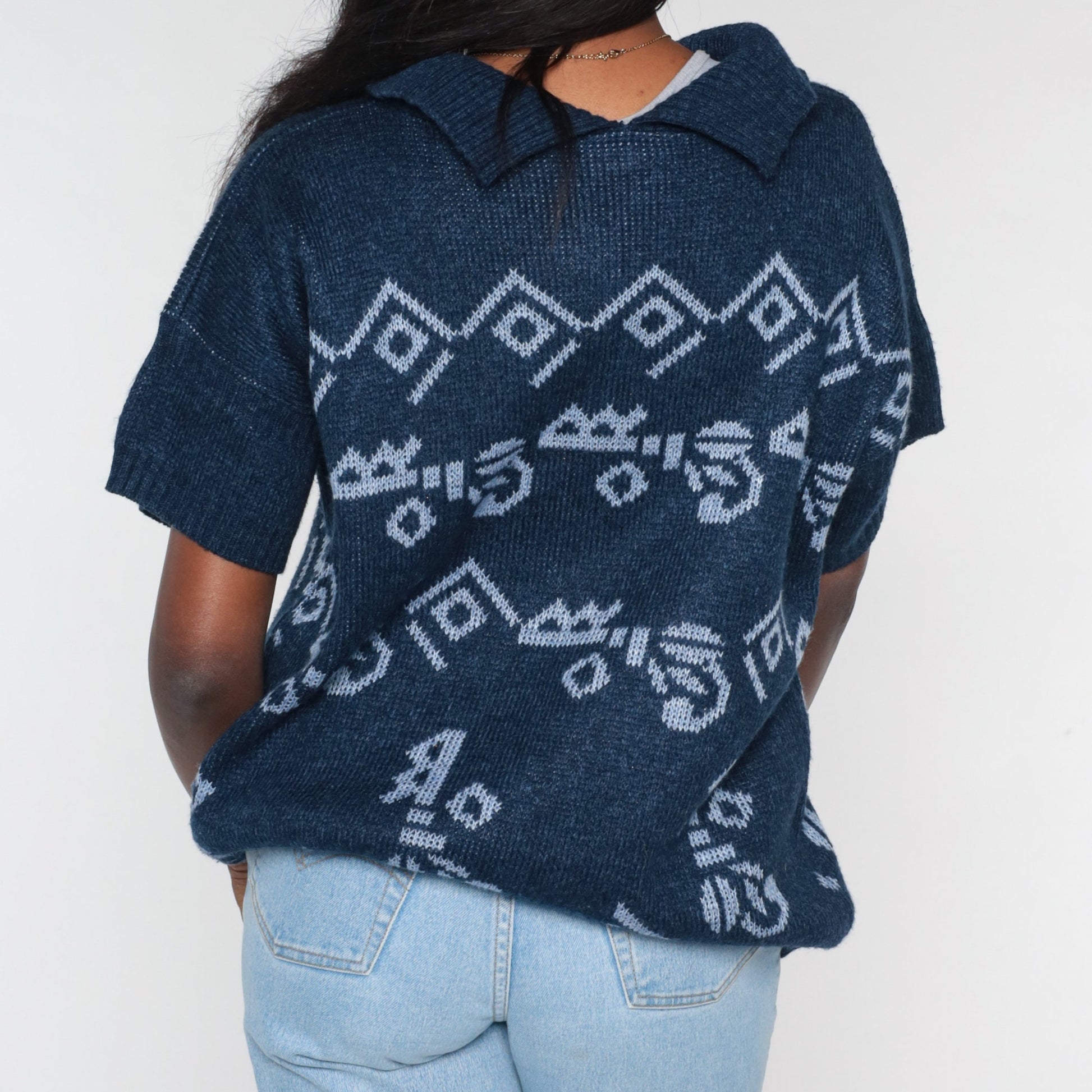90s Navy Knit Polo Shirt Geometric Print Collared Short Sleeve Large