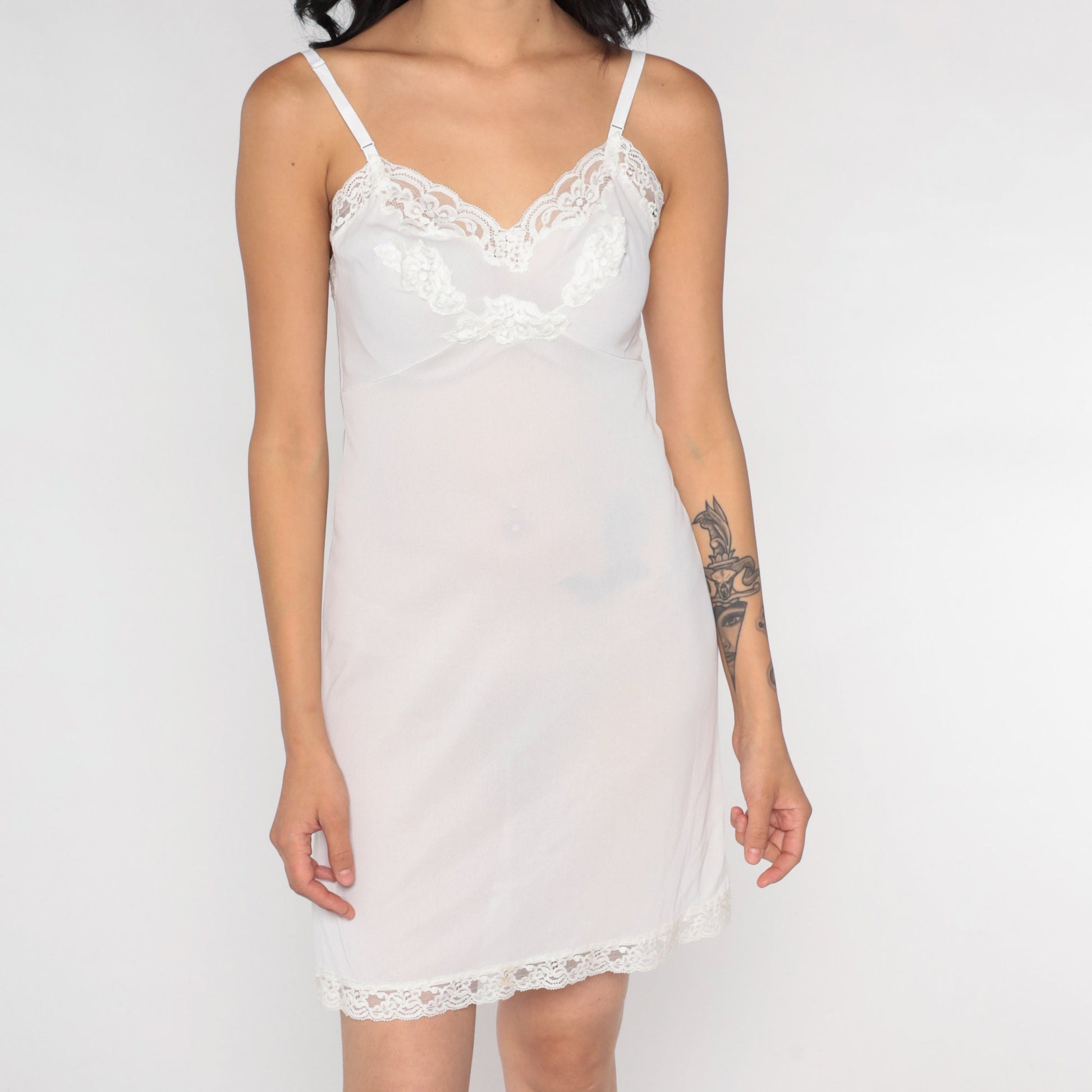 80s White Nylon Slip Dress Lace Trim Empire Waist Spaghetti Strap Mini Extra Small