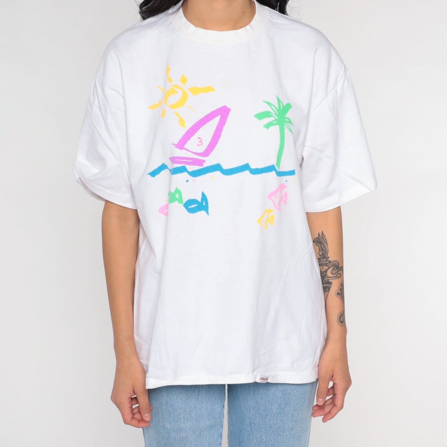 90s Crazy Shirts Sailboat Tropical Beach Graphic Tee White Large L