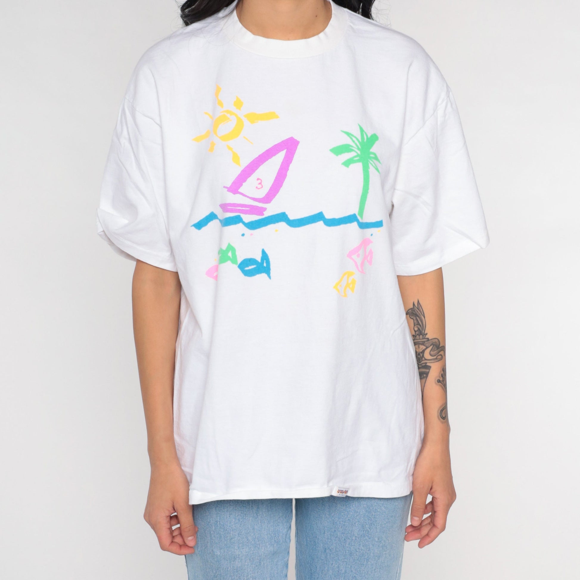 90s Crazy Shirts Sailboat Tropical Beach Graphic Tee White Large L