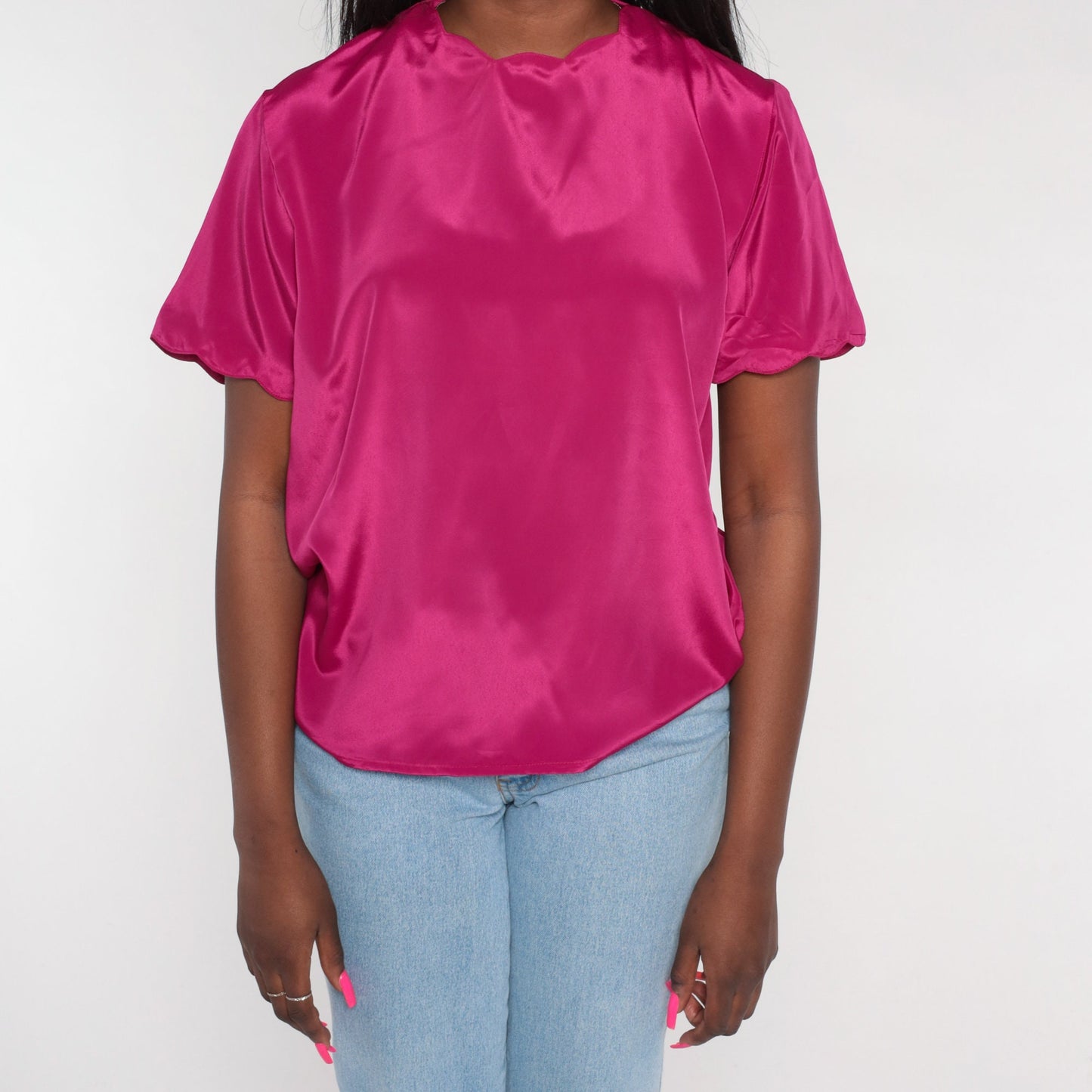 90s Fuchsia Pink Blouse Scalloped Neckline Short Sleeve Medium