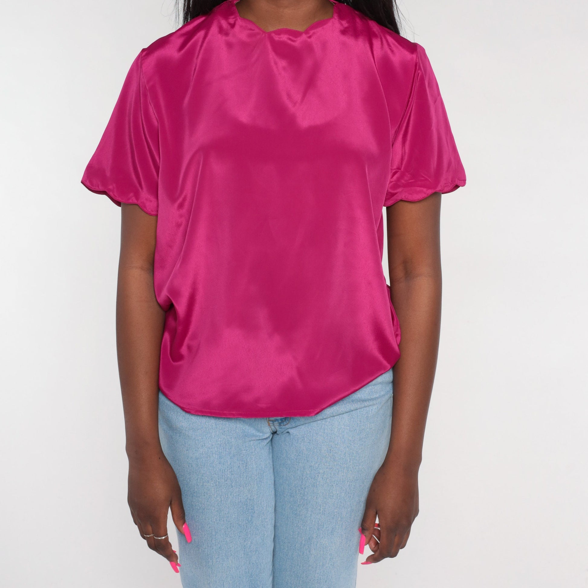 90s Fuchsia Pink Blouse Scalloped Neckline Short Sleeve Medium