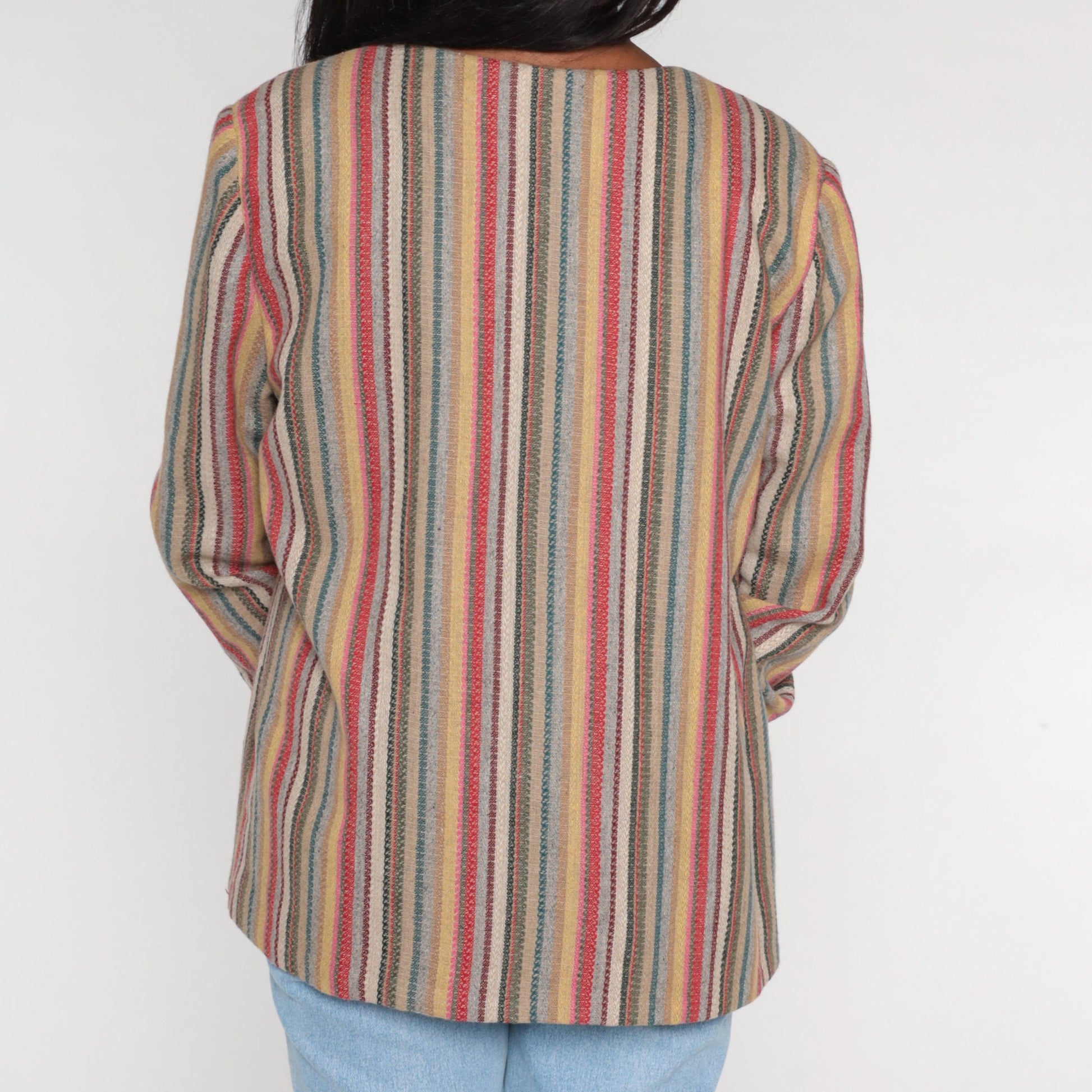 90s Striped Wool Blend Blazer Open Front Jacket Multicolor Large