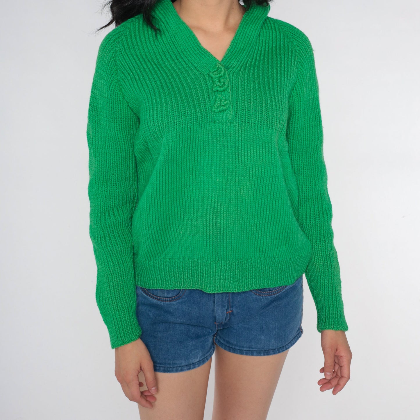 70s Green V-Neck Raglan Sweater Knit Jumper Appliqué Small Medium