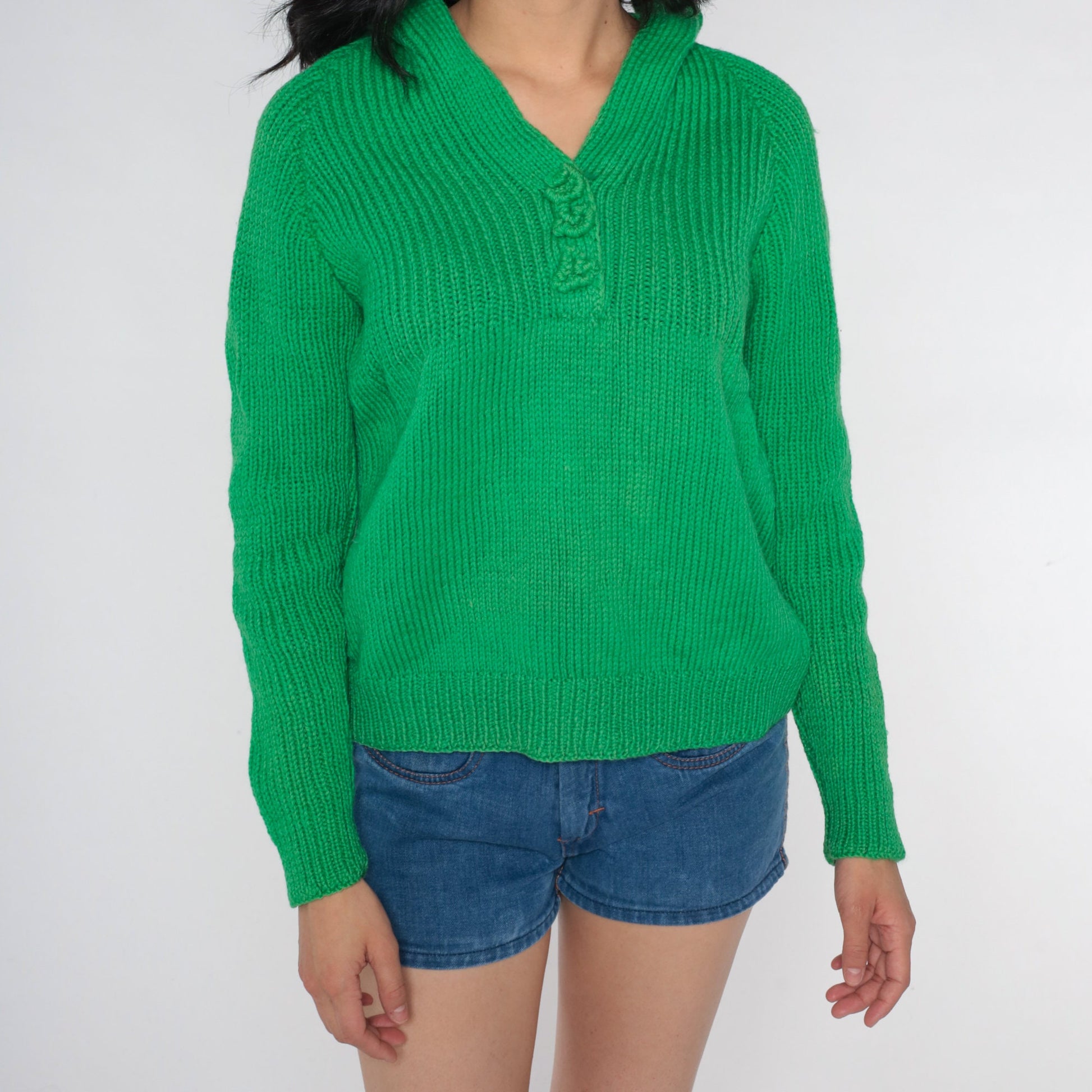 70s Green V-Neck Raglan Sweater Knit Jumper Appliqué Small Medium
