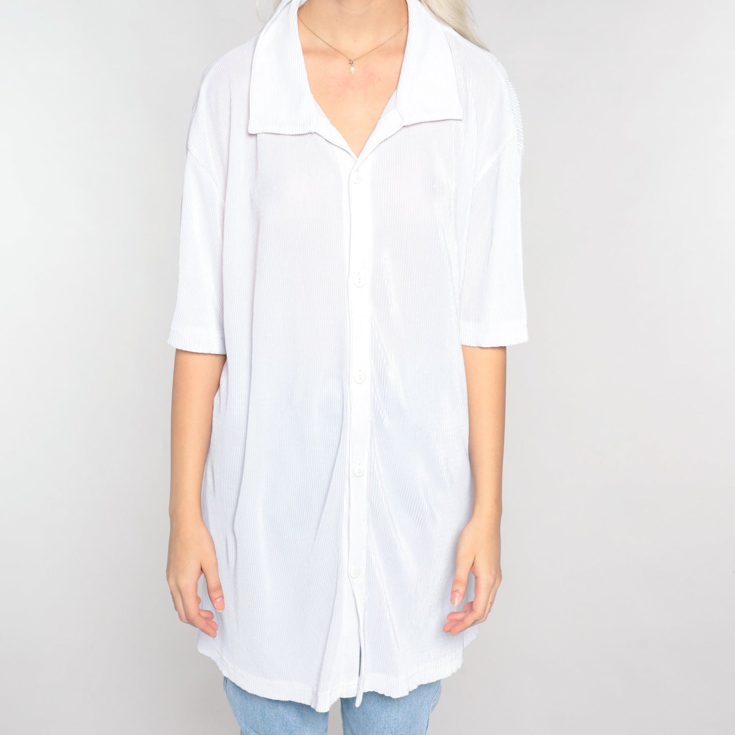 Y2K White Ribbed Button-Up Shirt Short Sleeve Collared Top Extra Large XL