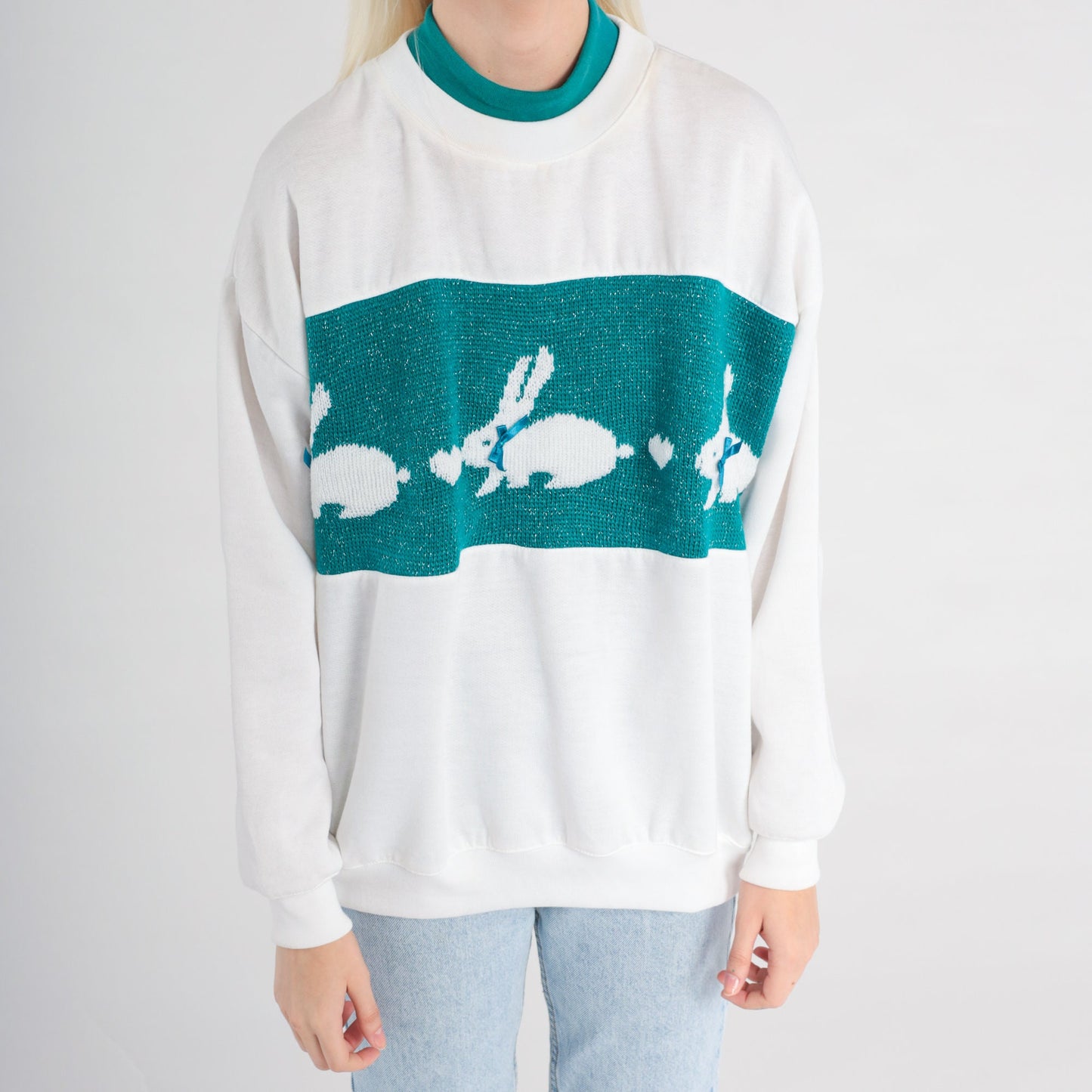 80s Bunny Rabbit Metallic Sweatshirt White Teal Graphic Crewneck Large