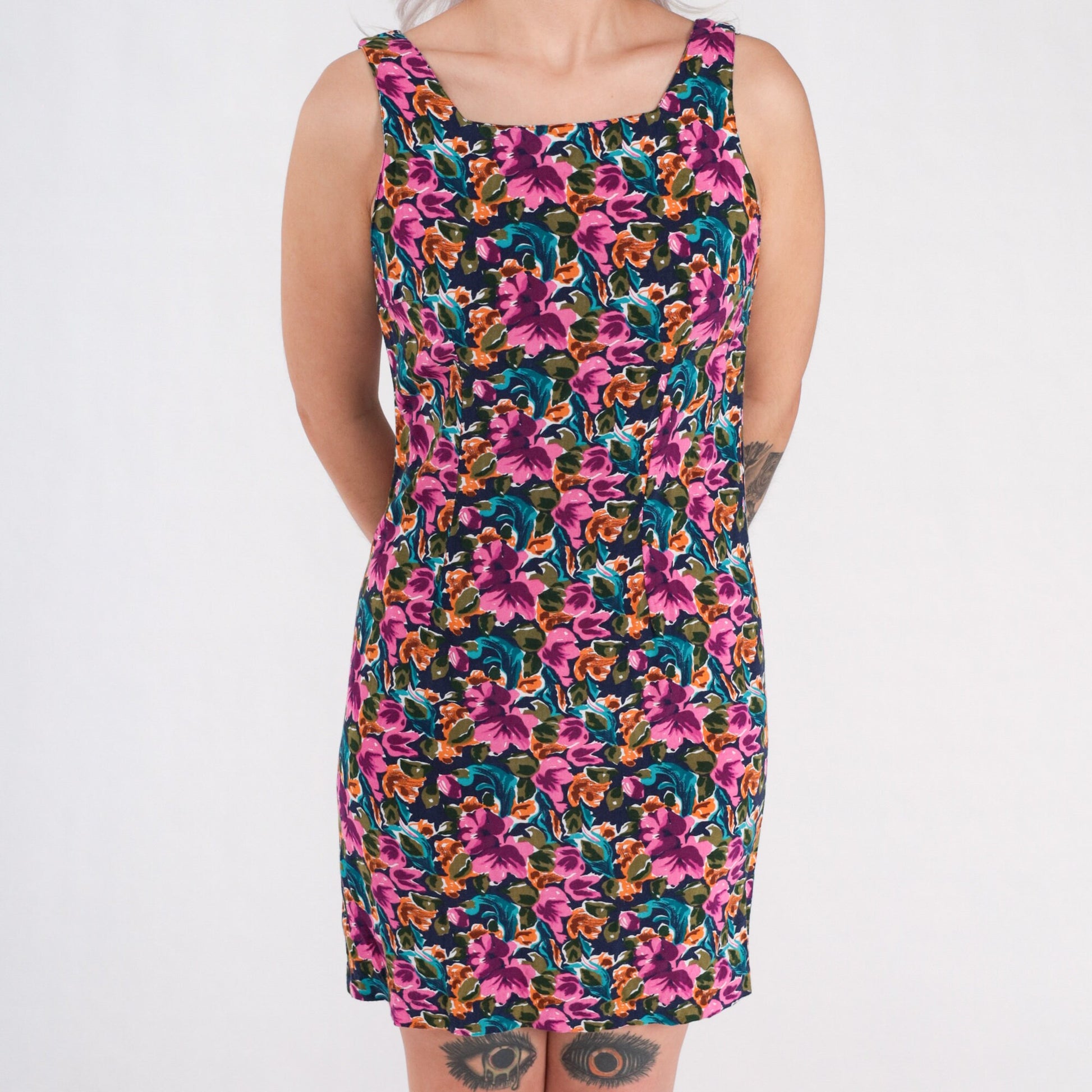 90s Floral Rayon Mini Dress Multicolored Sleeveless Sheath Small S