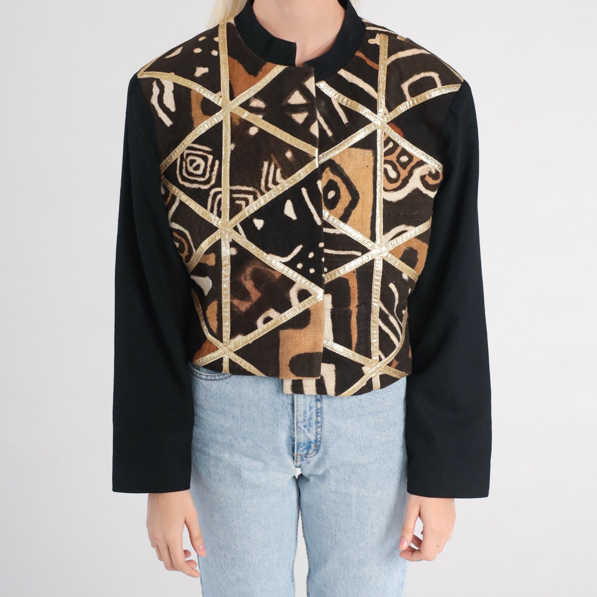 90s Cropped Safari Jacket Patchwork Geometric Black Brown Gold Trim Medium