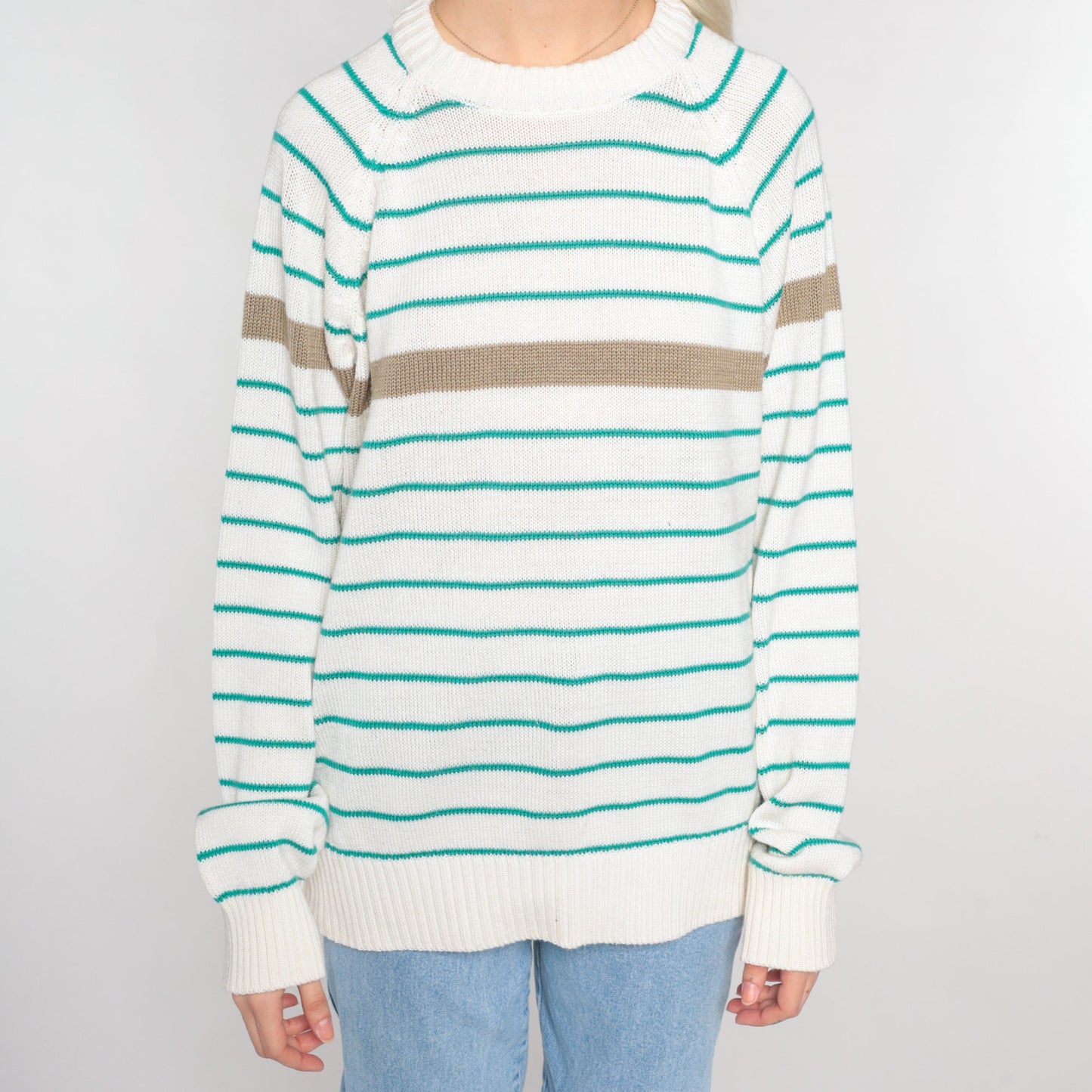 90s Striped Pullover Sweater White Green Tan Raglan Crewneck Large L
