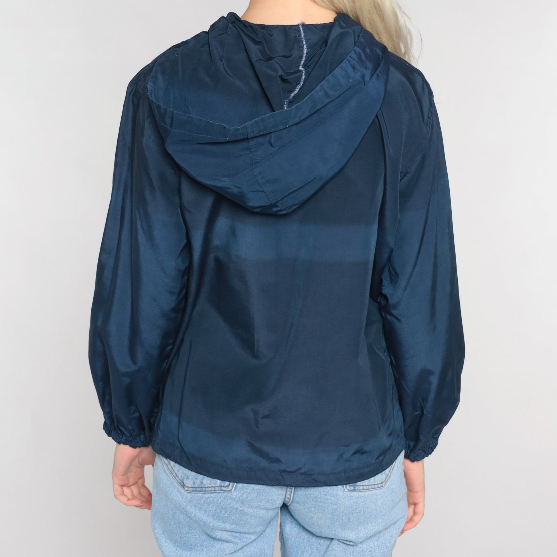 80s Navy Zip-Up Hooded Windbreaker Jacket Small S