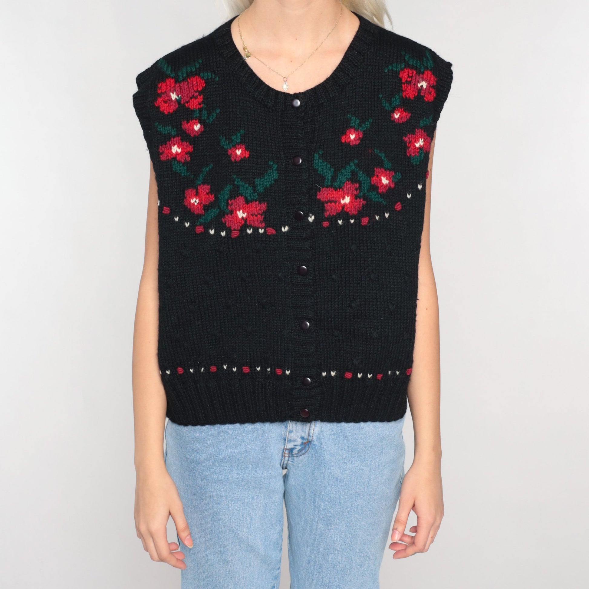 80s Black Wool Floral Button-Up Sweater Vest Red Flower Knit Large