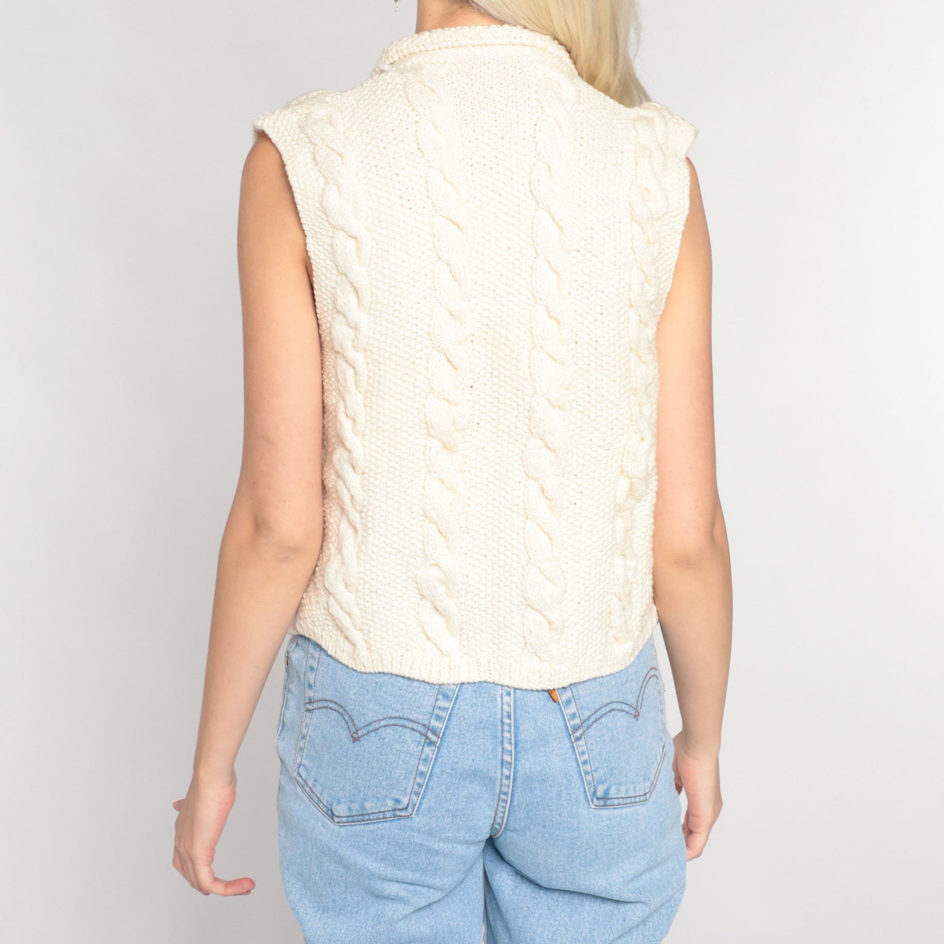 80s Cream Cable Knit Vest Collared Open Front Sleeveless Sweater Small