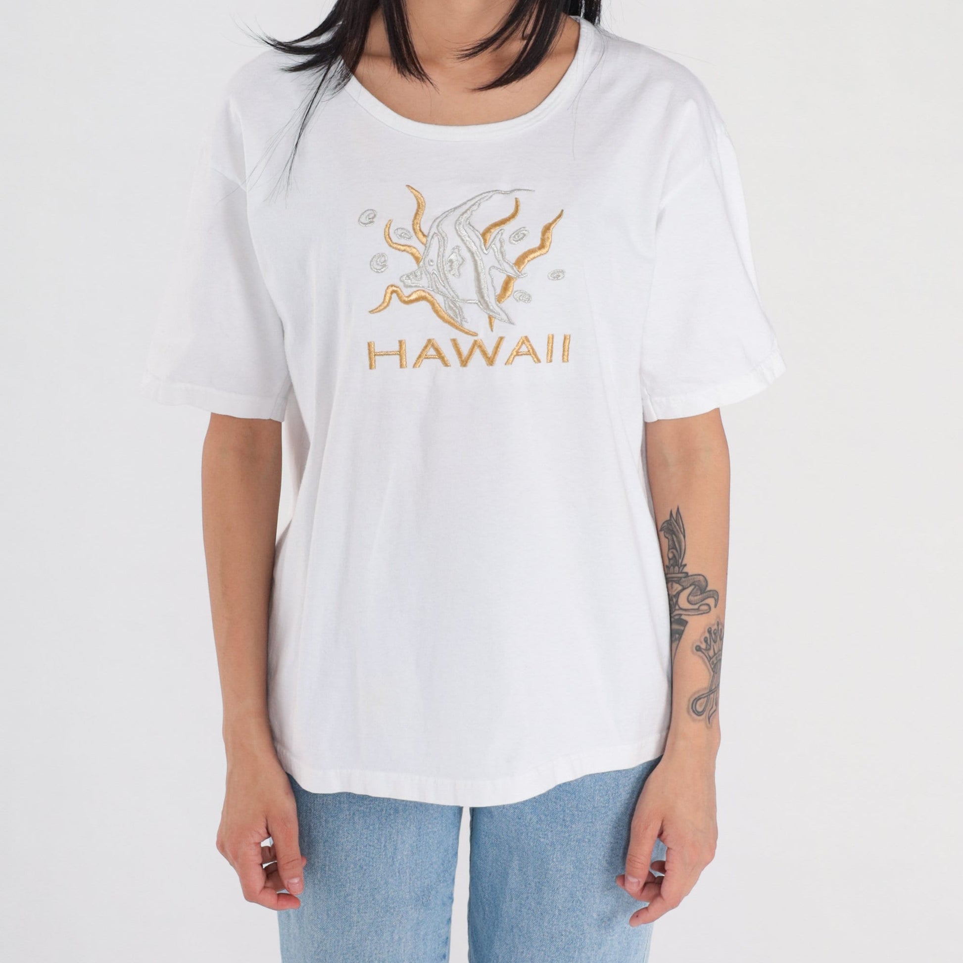 90s Hawaii Tropical Fish Embroidered T-Shirt White Graphic Tee Large L
