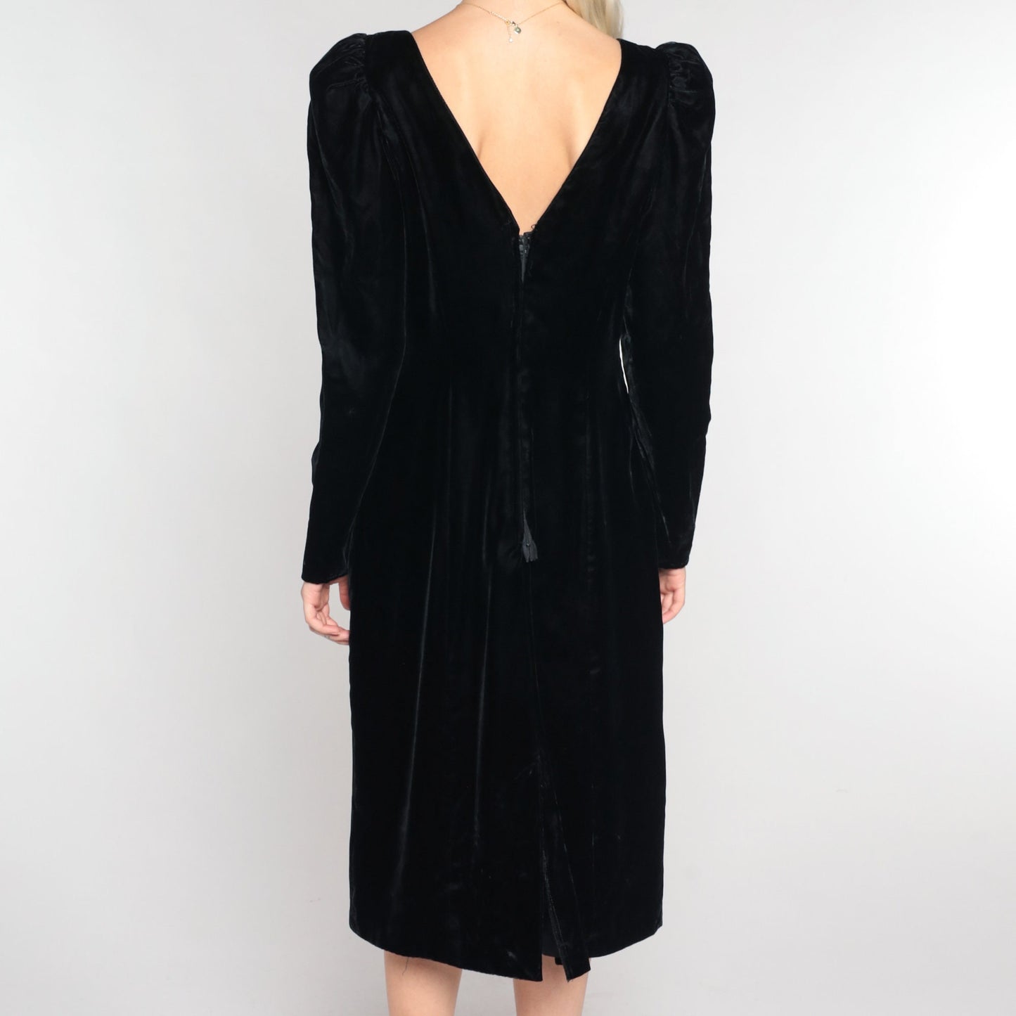 90s Black Velvet Midi Dress Puff Sleeve V-Neck Low Back Medium