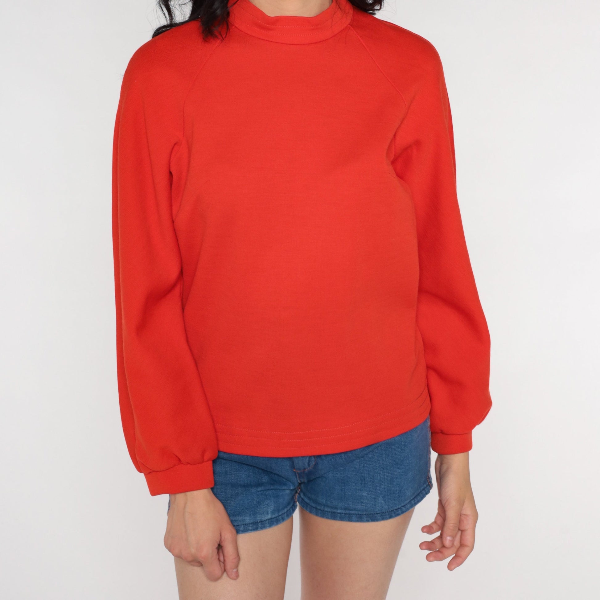 70s Red-Orange Mock Neck Raglan Sleeve Blouse Medium