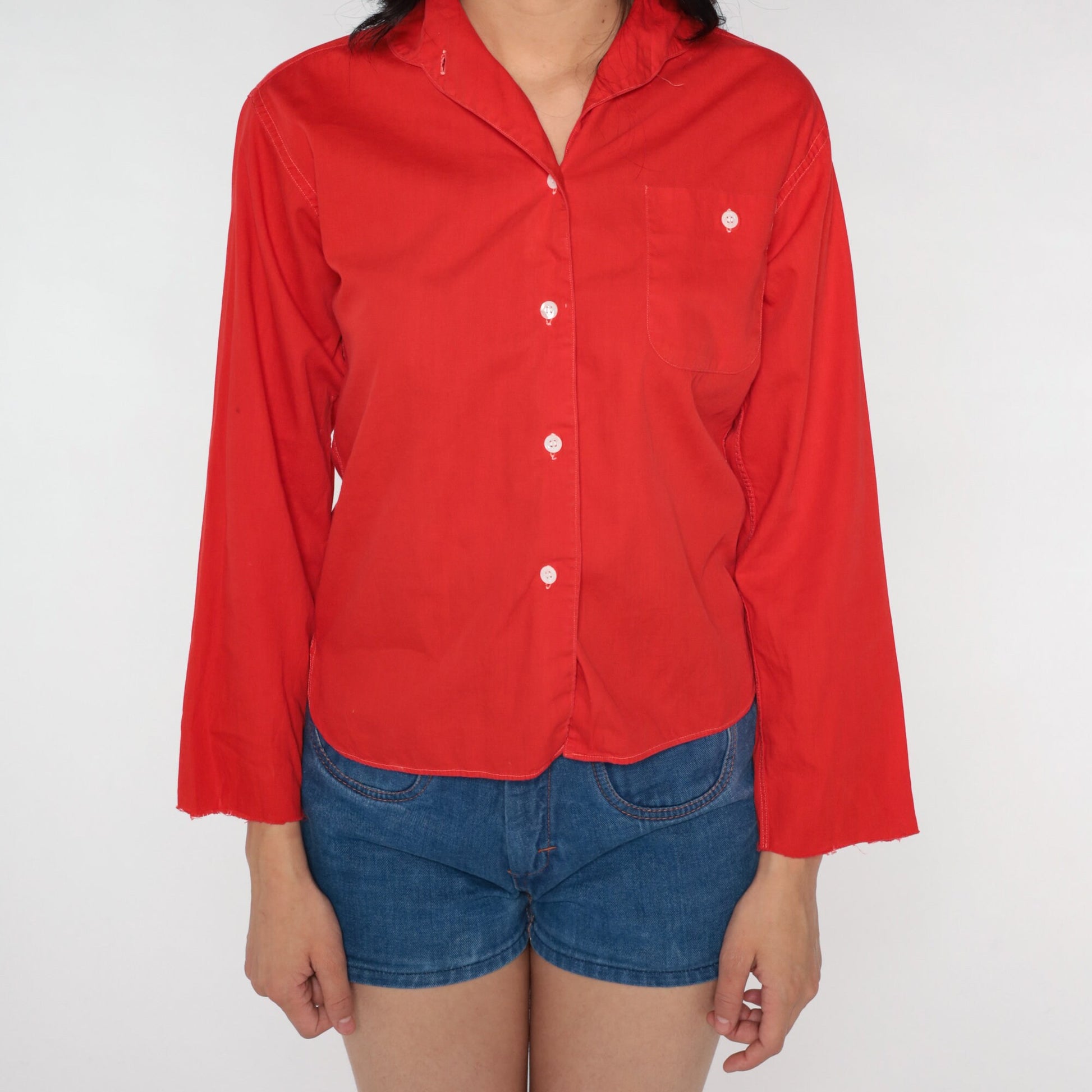 70s Red Cotton Blend Button-Up Shirt Long Sleeve Disco Blouse Small