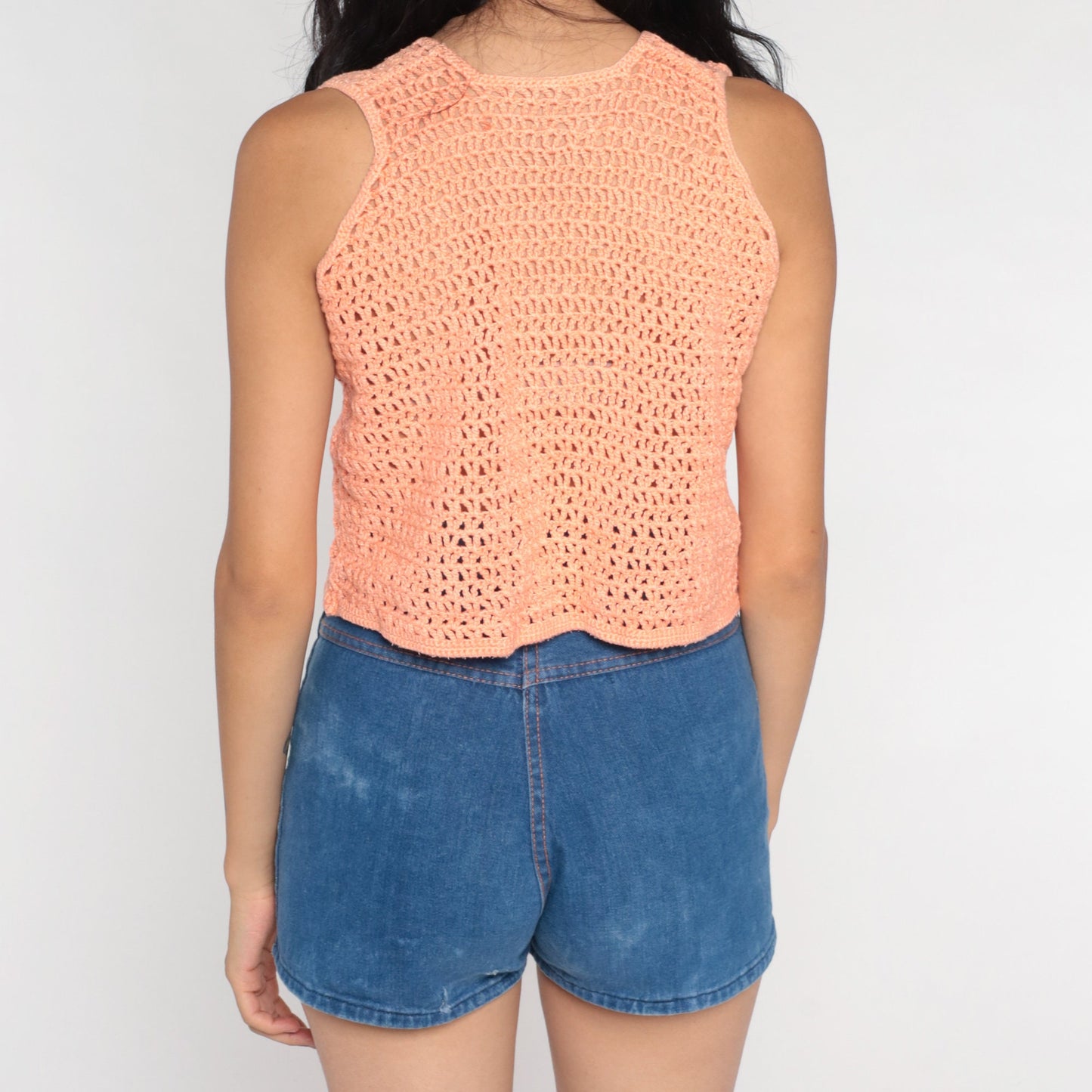 80s Orange Crochet Crop Tank Top V Neck Open Weave Small