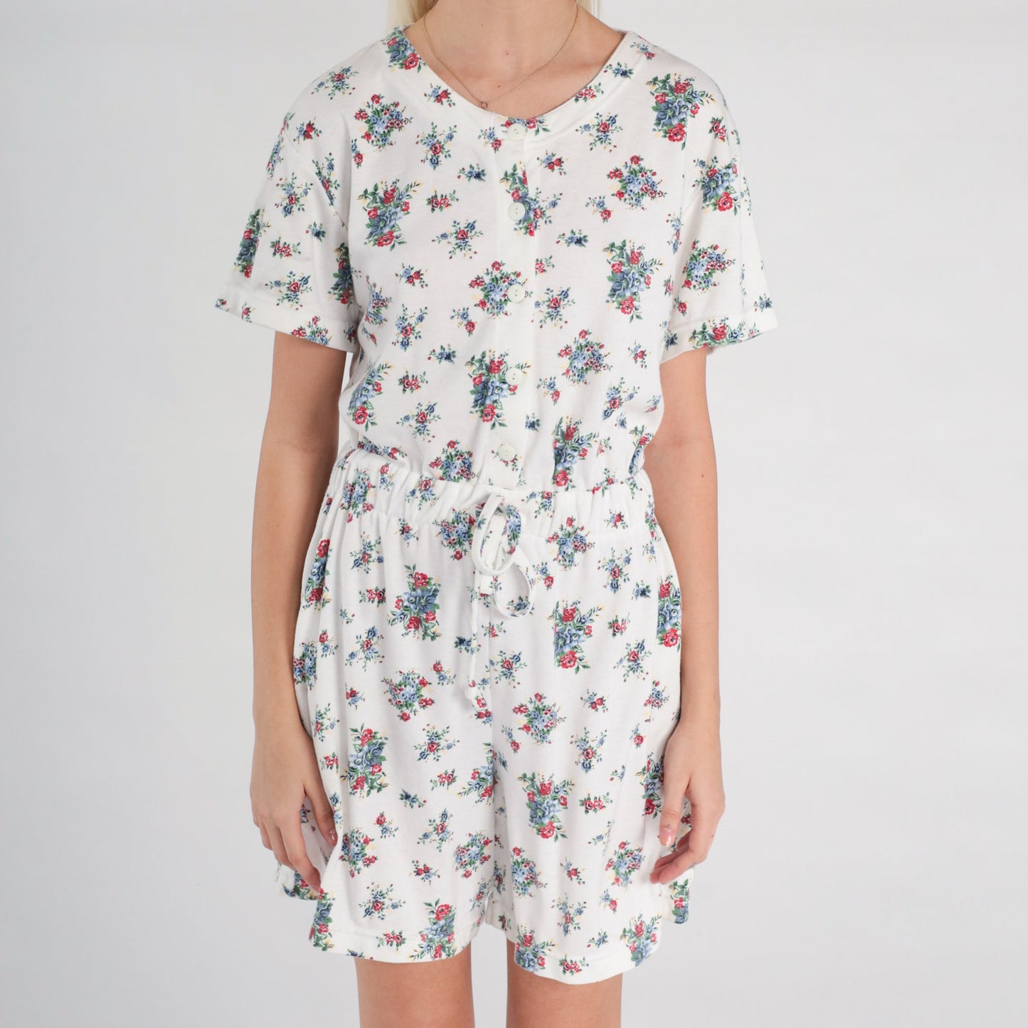 90s White Floral Romper Button-Up Short Sleeve Wide Leg Playsuit Small