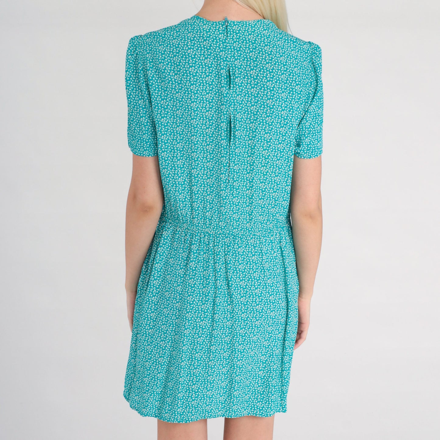 90s Karin Stevens Floral Mini Dress Blue Ditsy Calico Puff Sleeve Small