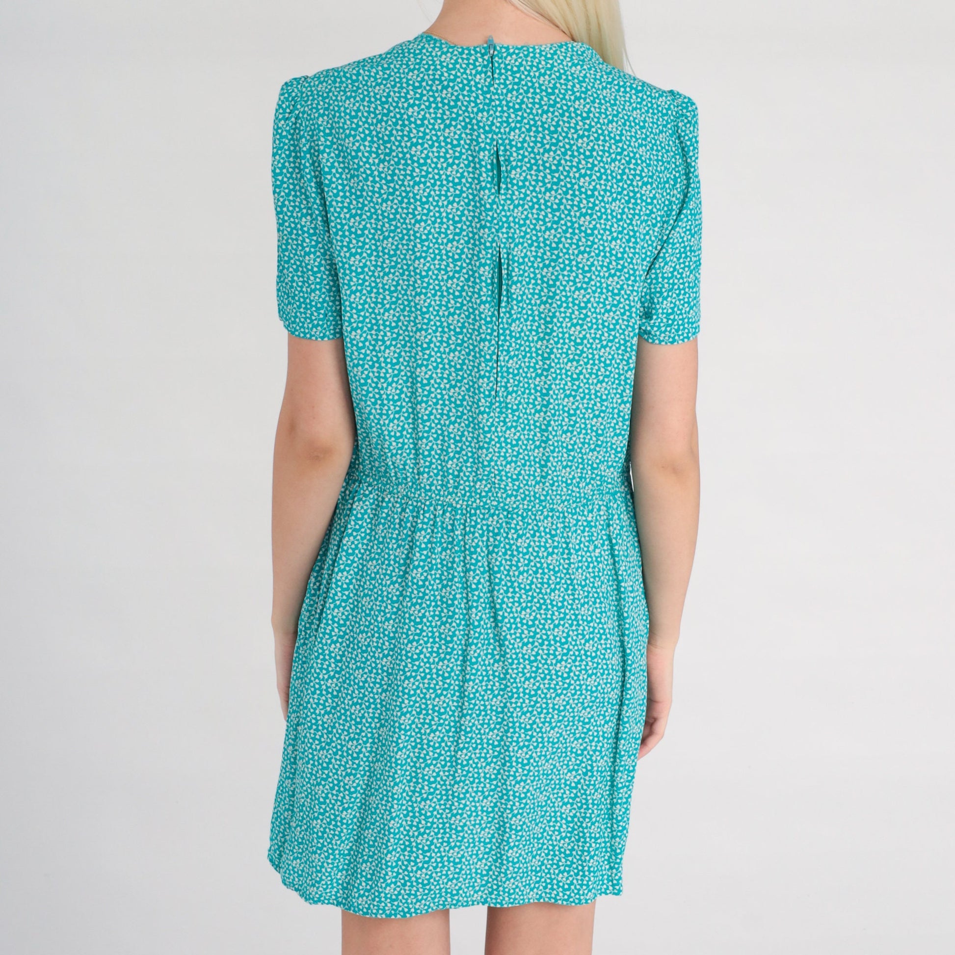 90s Karin Stevens Floral Mini Dress Blue Ditsy Calico Puff Sleeve Small