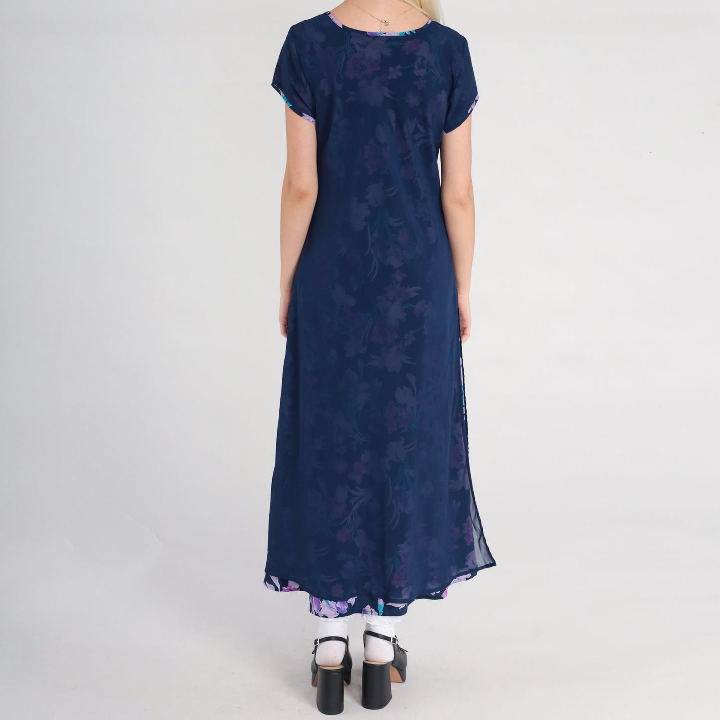 00s Floral Chiffon Maxi Dress Dark Blue V-Neck Botanical Print Small