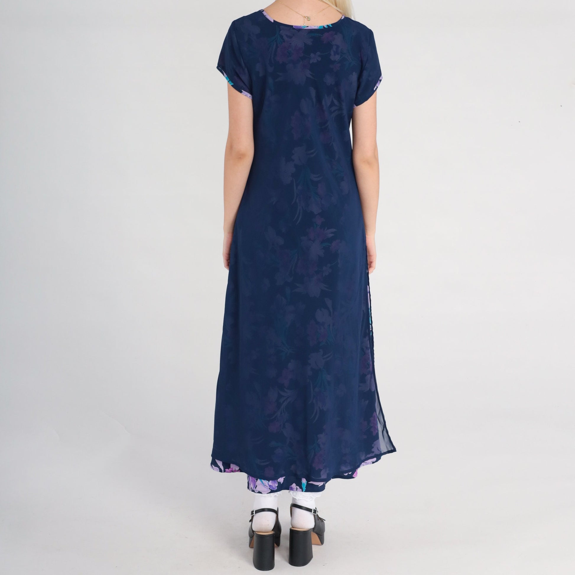 00s Floral Chiffon Maxi Dress Dark Blue V-Neck Botanical Print Small