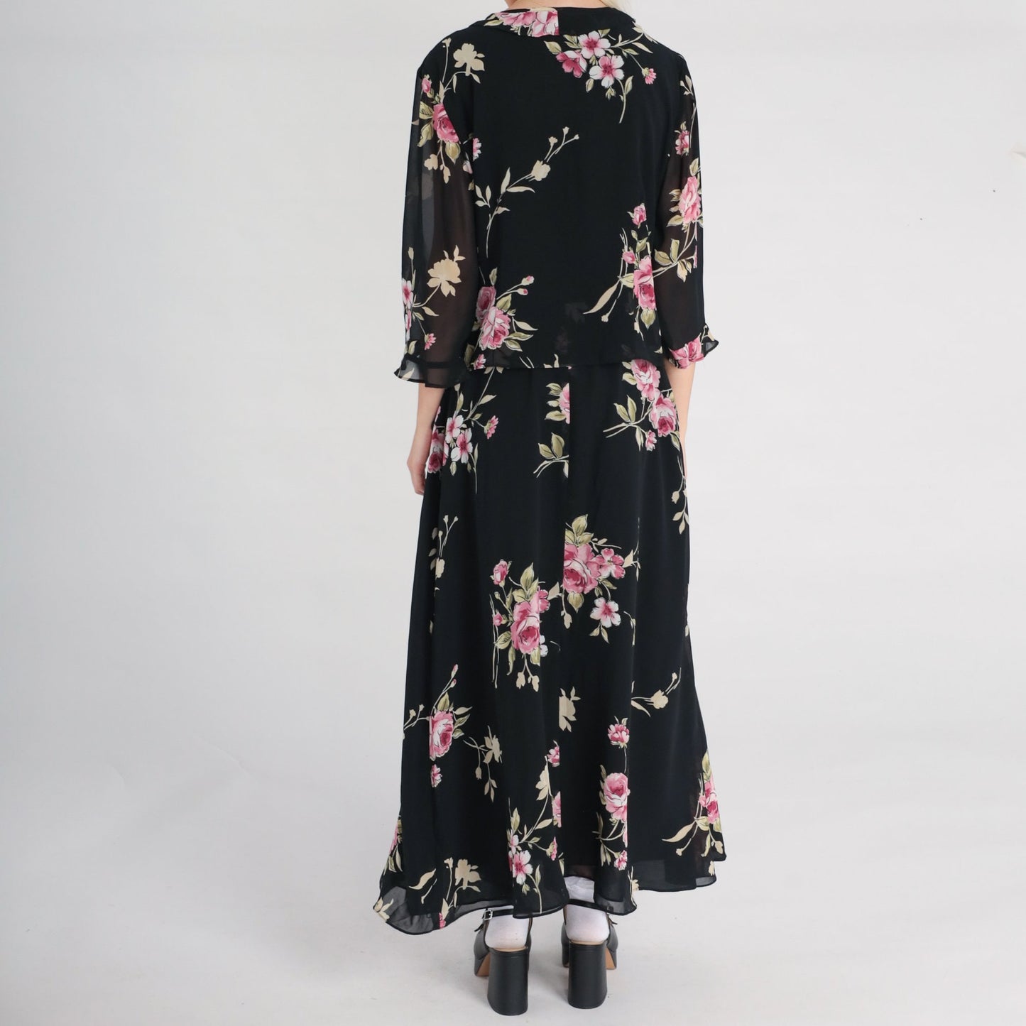 90s Black Floral Chiffon Maxi Dress V-Neck 3/4 Sleeve Wrap Large
