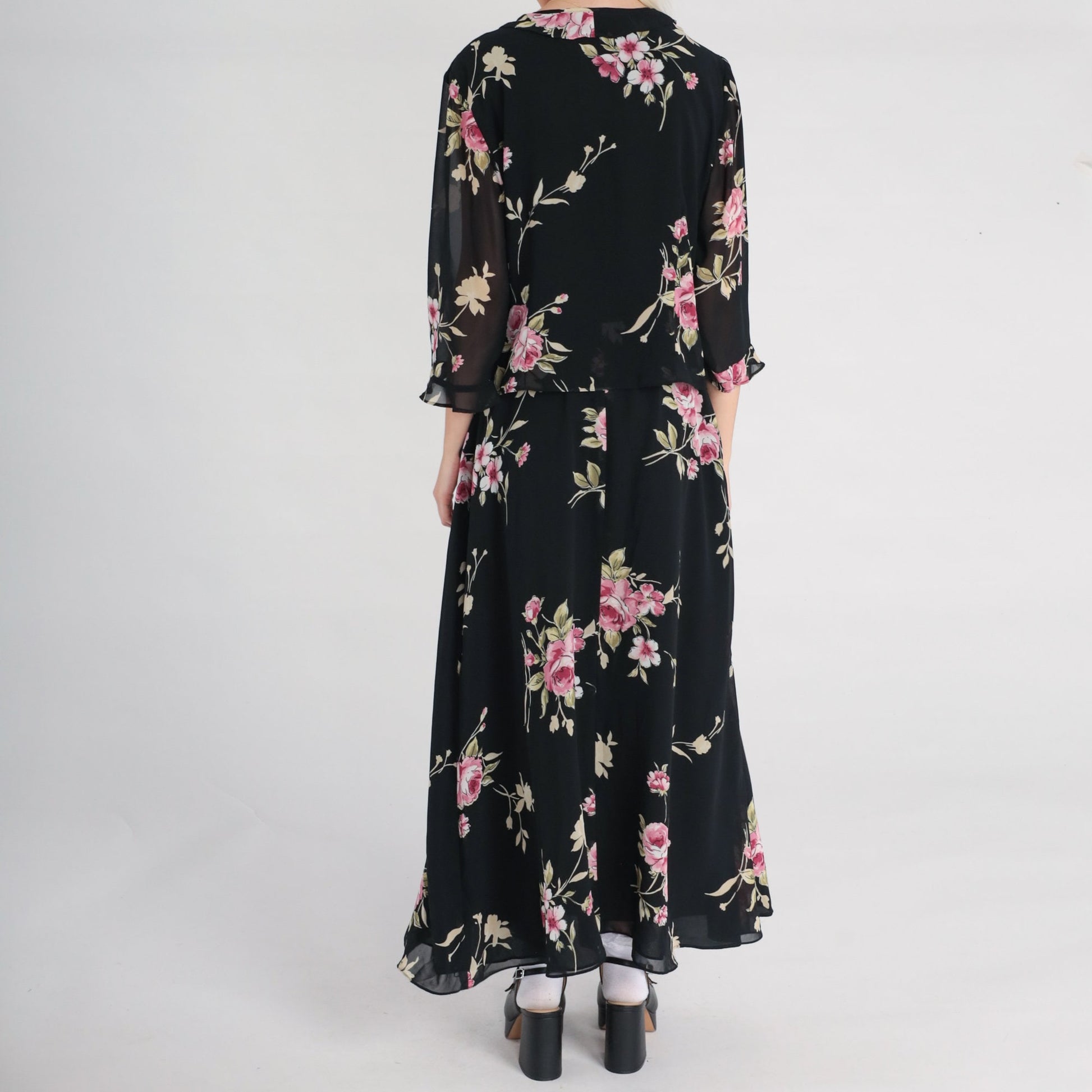 90s Black Floral Chiffon Maxi Dress V-Neck 3/4 Sleeve Wrap Large