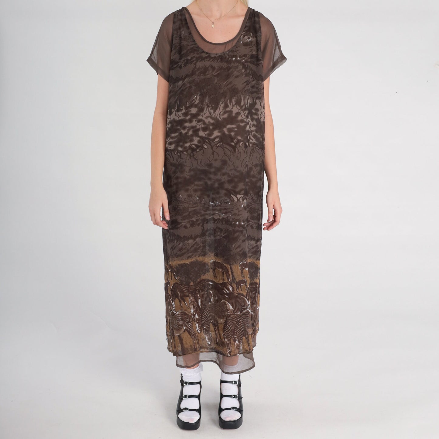 90s Zebra Print Shift Dress Brown Column Midi Short Sleeve Medium