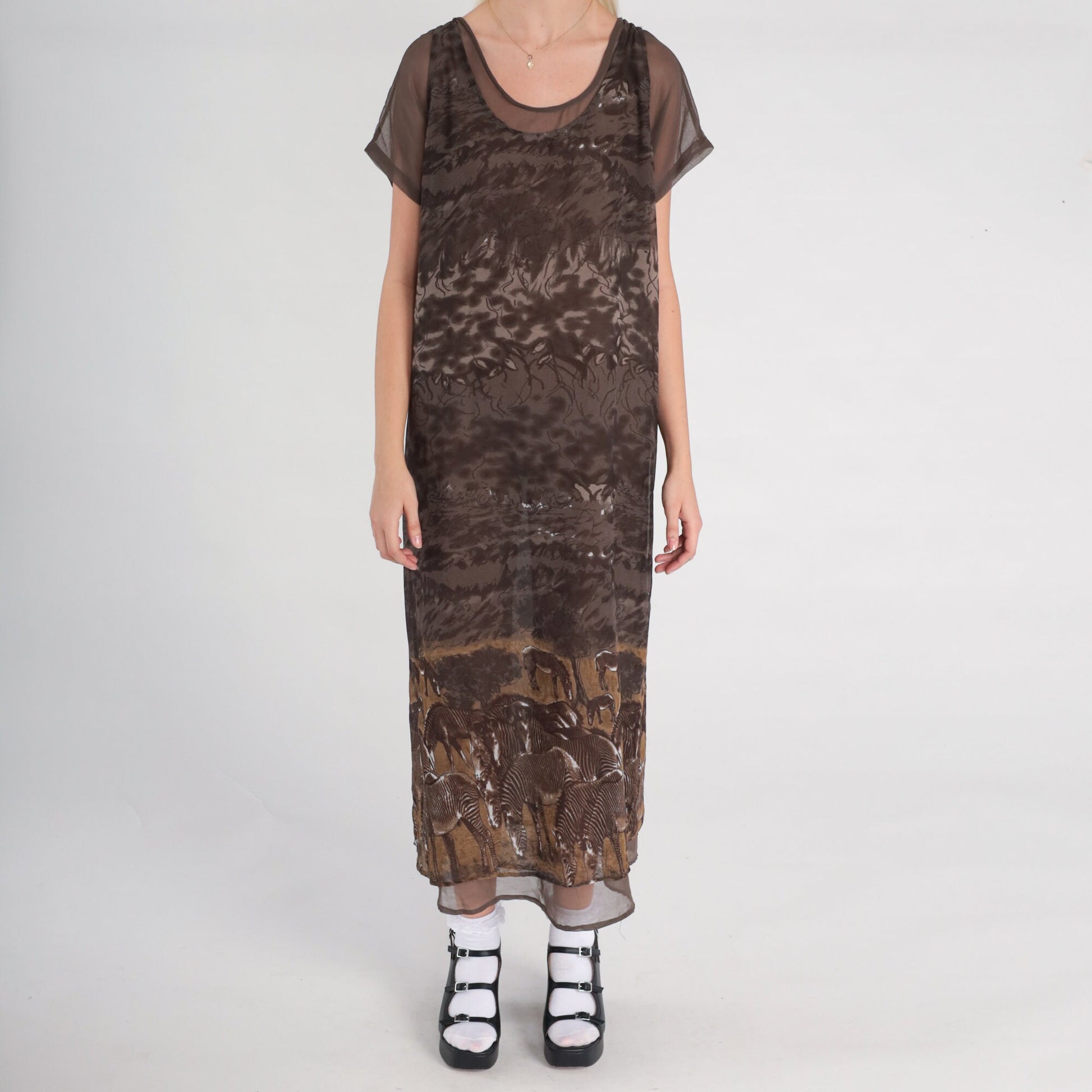 90s Zebra Print Shift Dress Brown Column Midi Short Sleeve Medium