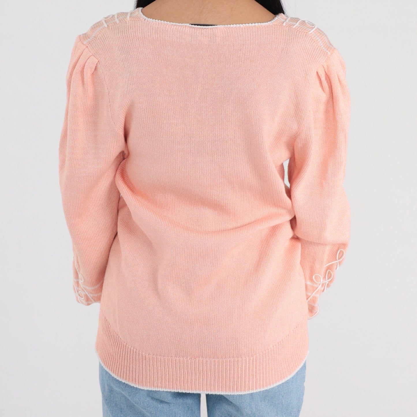 80s Pink Knit V-Neck Sweater White Stripes Soutache Trim Medium M