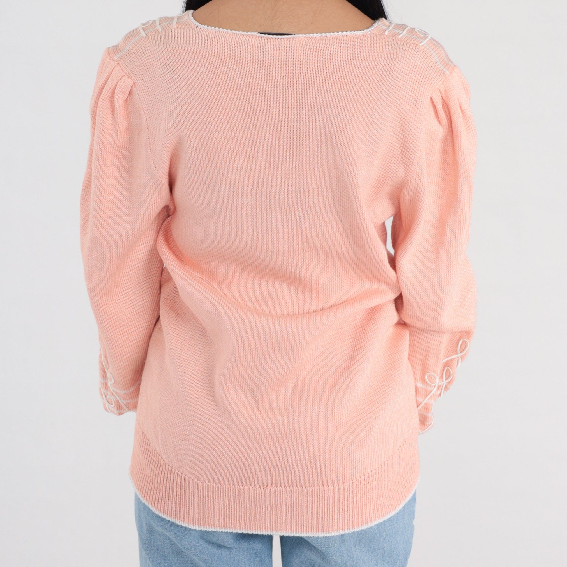 80s Pink Knit V-Neck Sweater White Stripes Soutache Trim Medium M