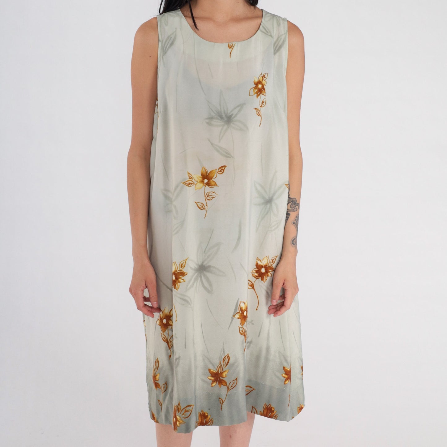 90s Green Floral Semi-Sheer Sundress Knee-Length Sleeveless Large L