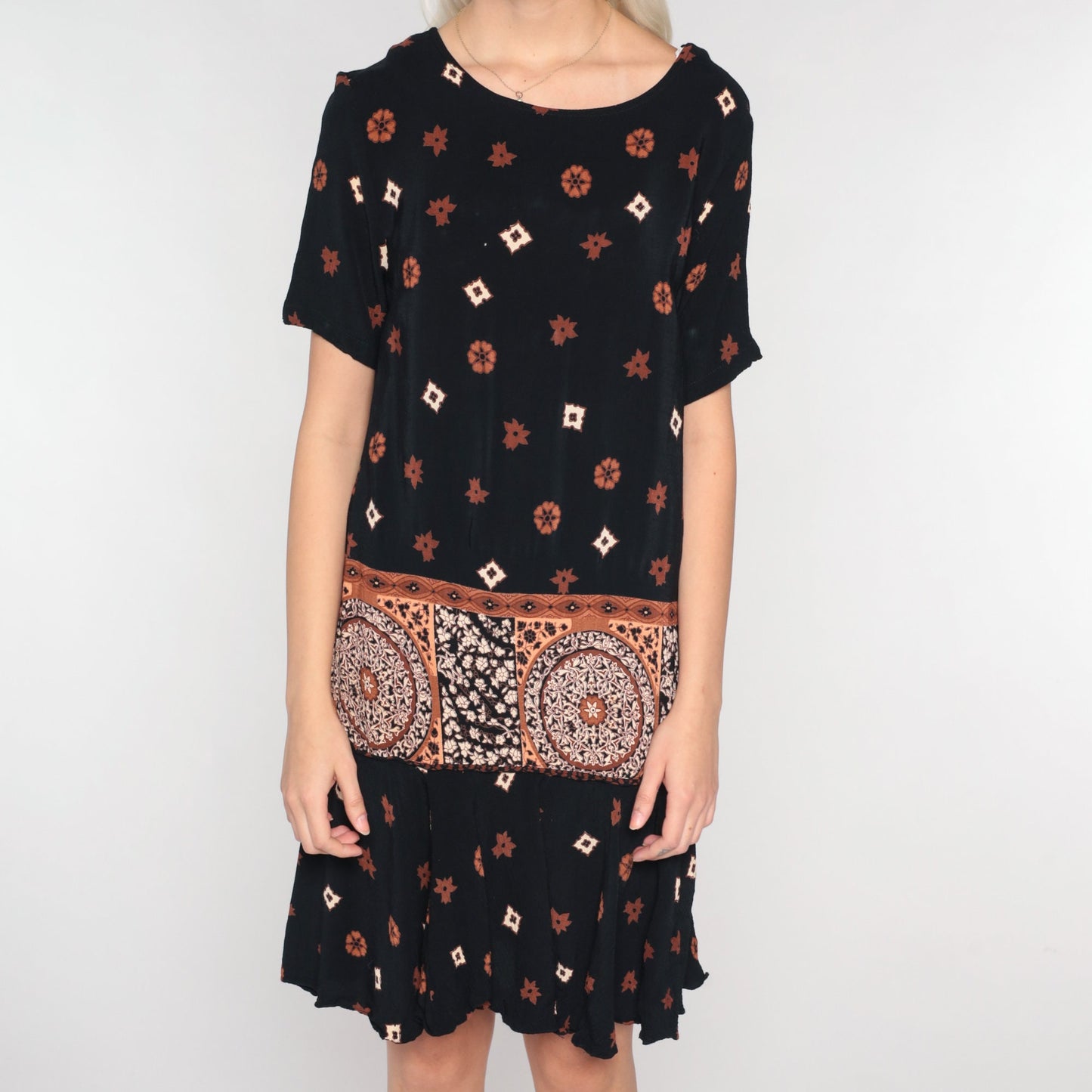90s Black Mini Dress Abstract Floral Tile Print Short Sleeve Small S