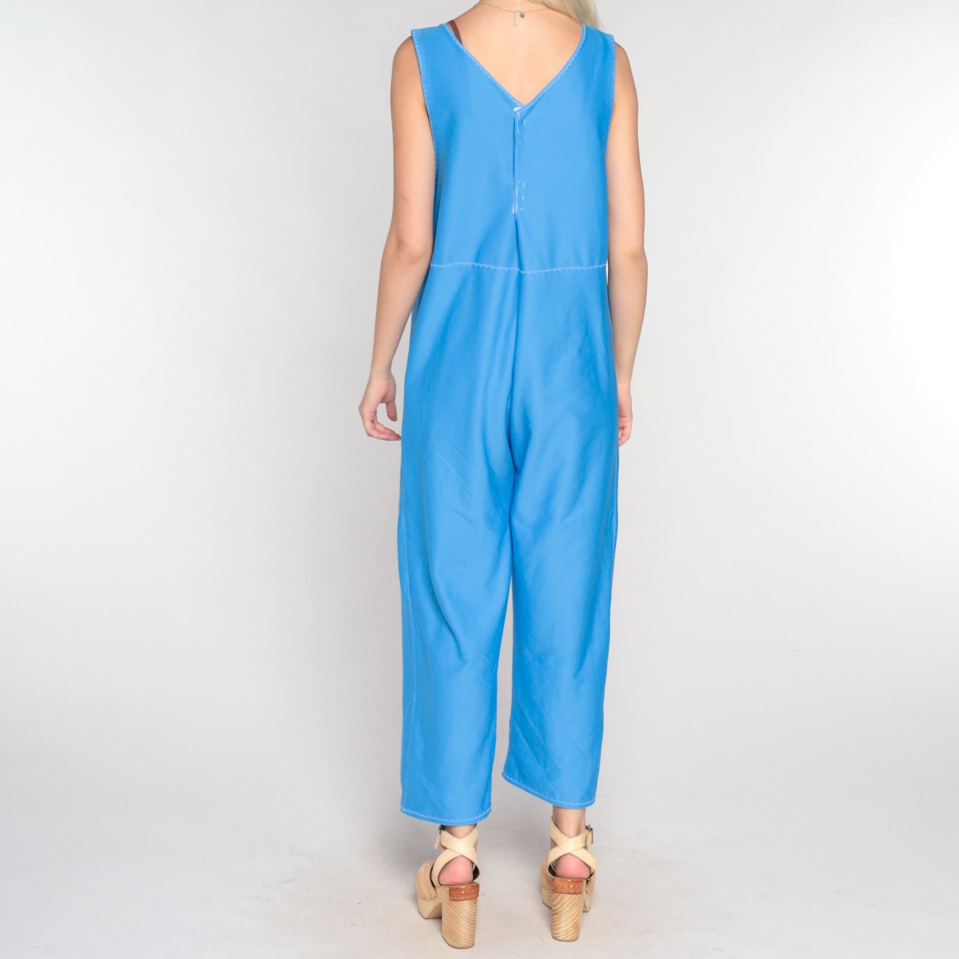 70s Blue Sleeveless Jumpsuit High Waist Straight Leg Bib Overalls Small