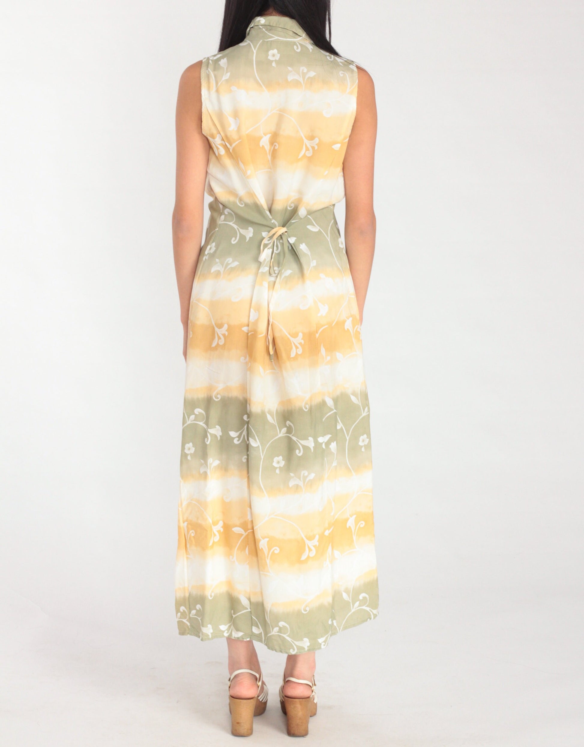 Y2K Tie-Dye Floral Maxi Shirtdress Sleeveless Button-Up Front Slit White Orange Green Medium