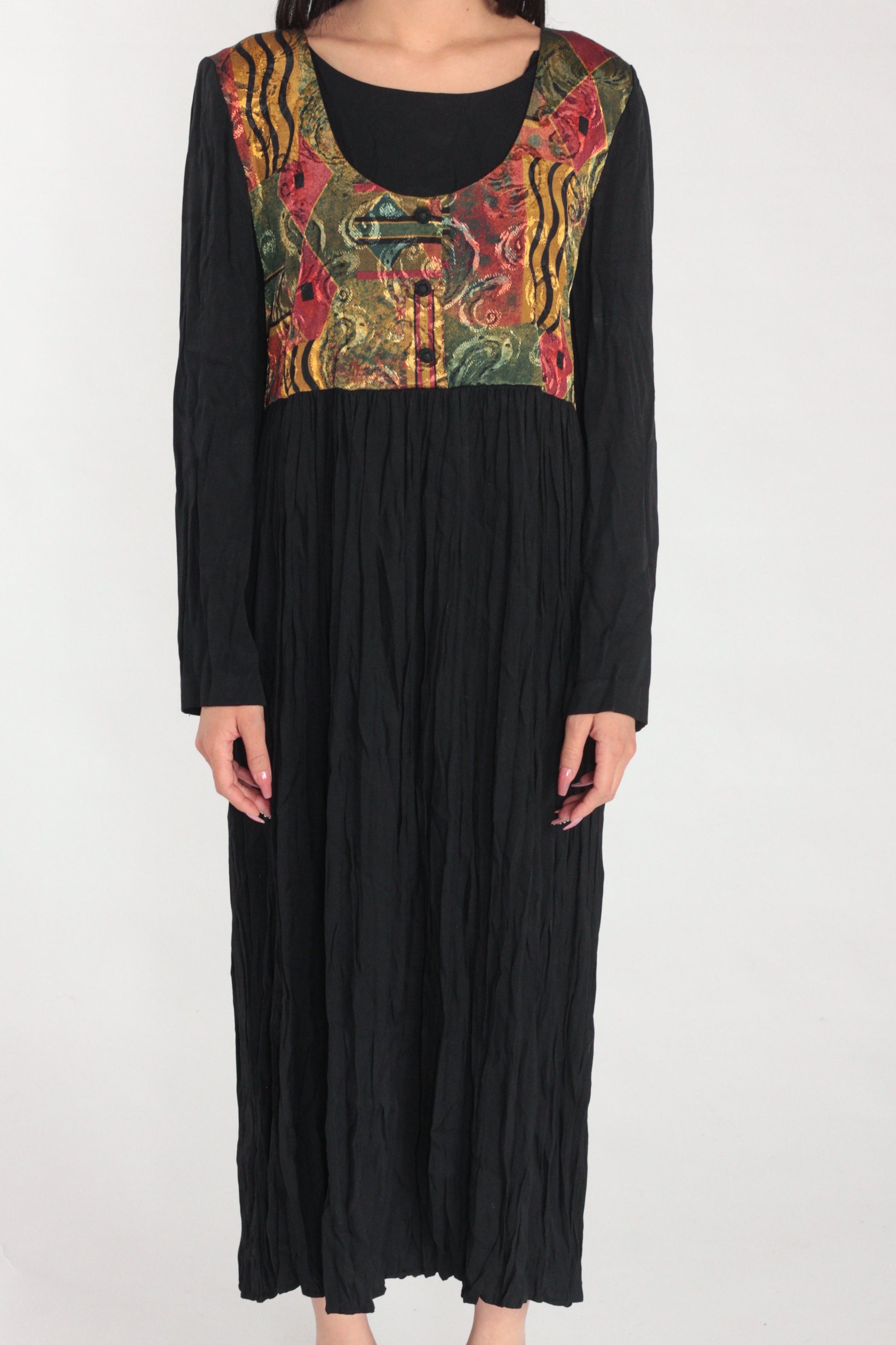 90s Black Maxi Dress with Abstract Print Attached Vest Long Sleeve Large