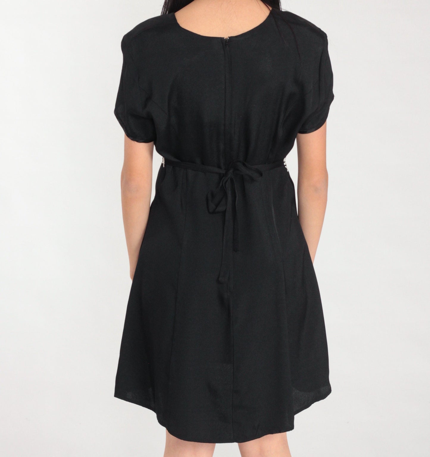 90s Black Mini Dress Soutache Trim Short Sleeve Shift Medium M