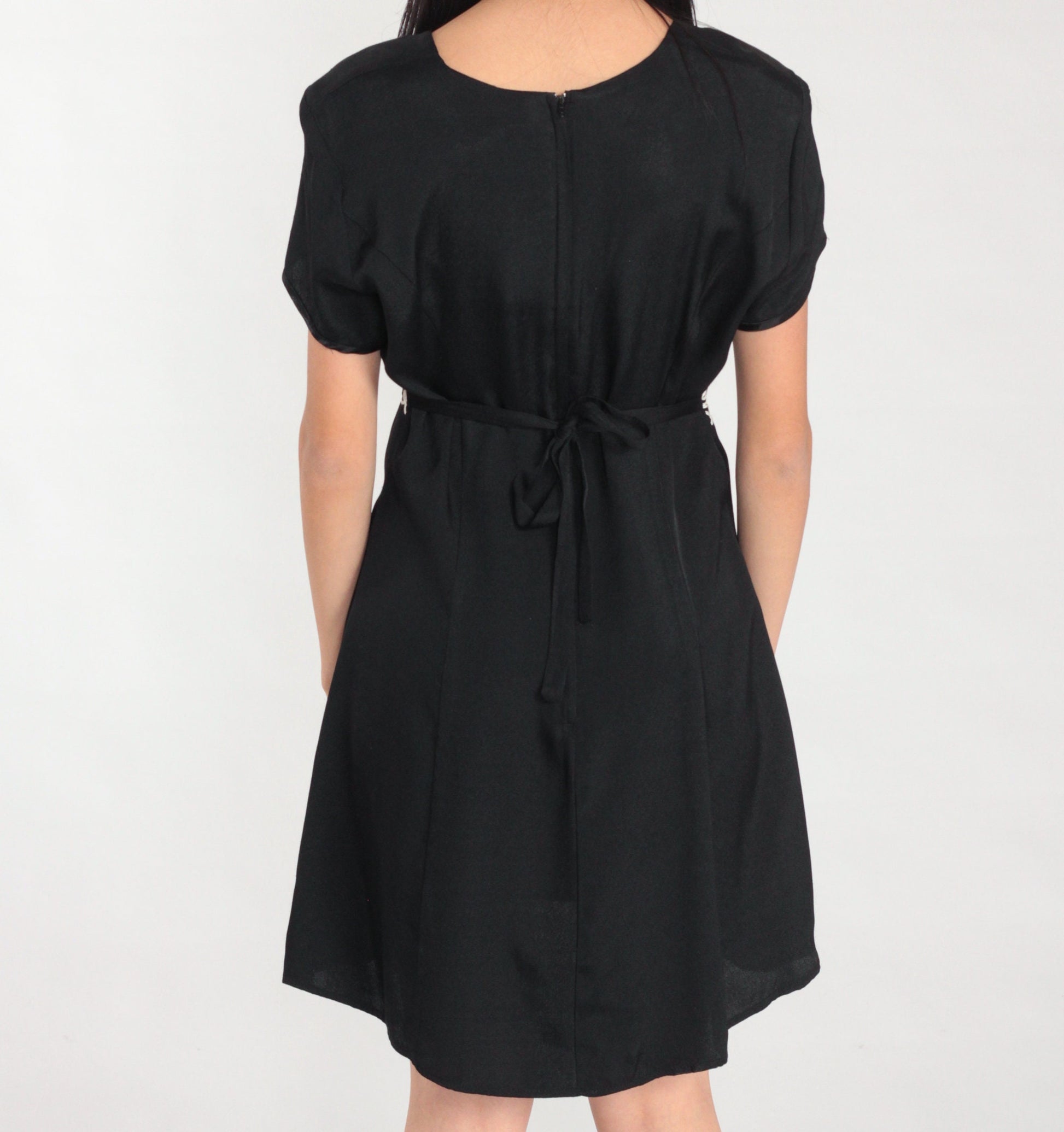 90s Black Mini Dress Soutache Trim Short Sleeve Shift Medium M