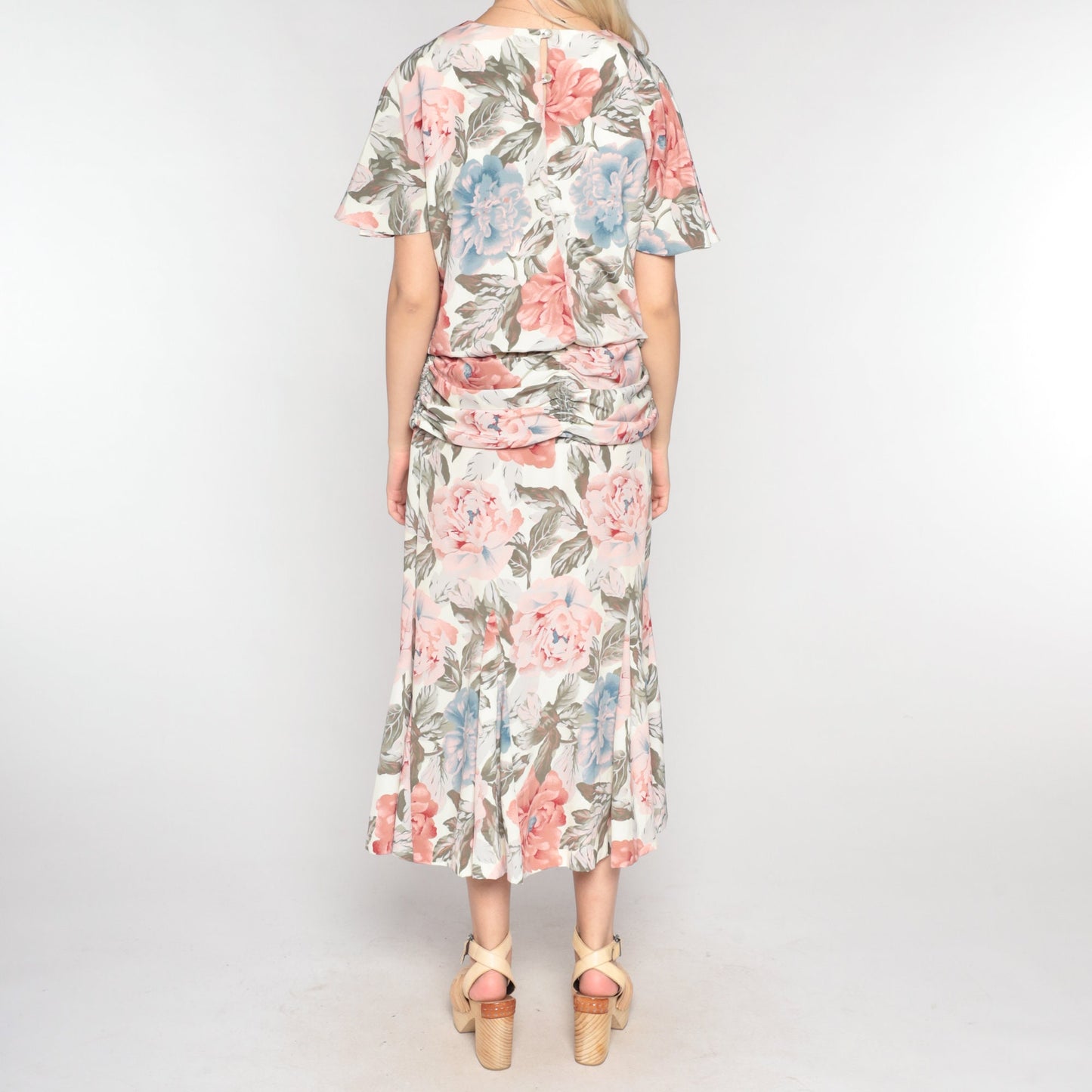 90s Floral Maxi Dress Short Sleeve Low Waist Ankle Length Medium Large