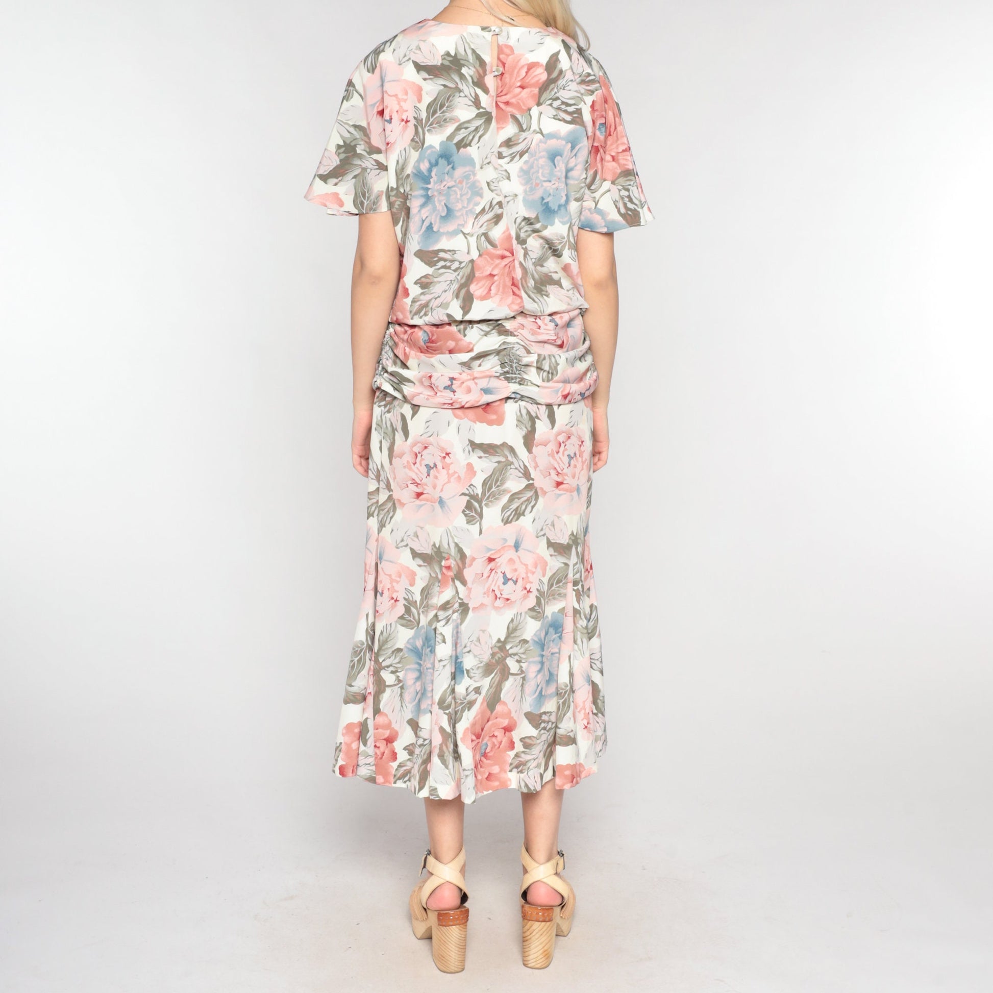 90s Floral Maxi Dress Short Sleeve Low Waist Ankle Length Medium Large